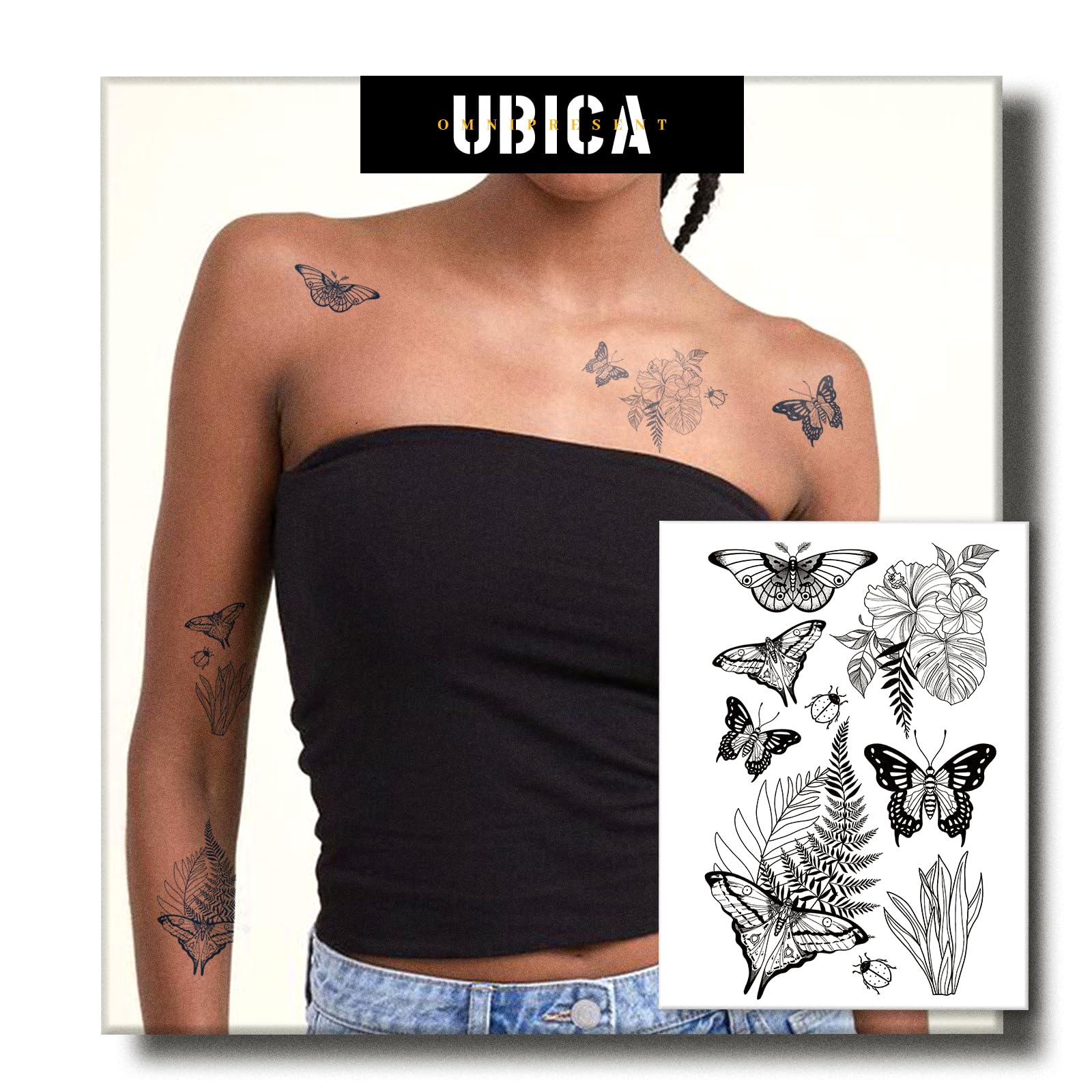 UBICA Moth & Grass Semi-Permanent Tattoo – Realistic Waterproof Stickers (2 Sheets)