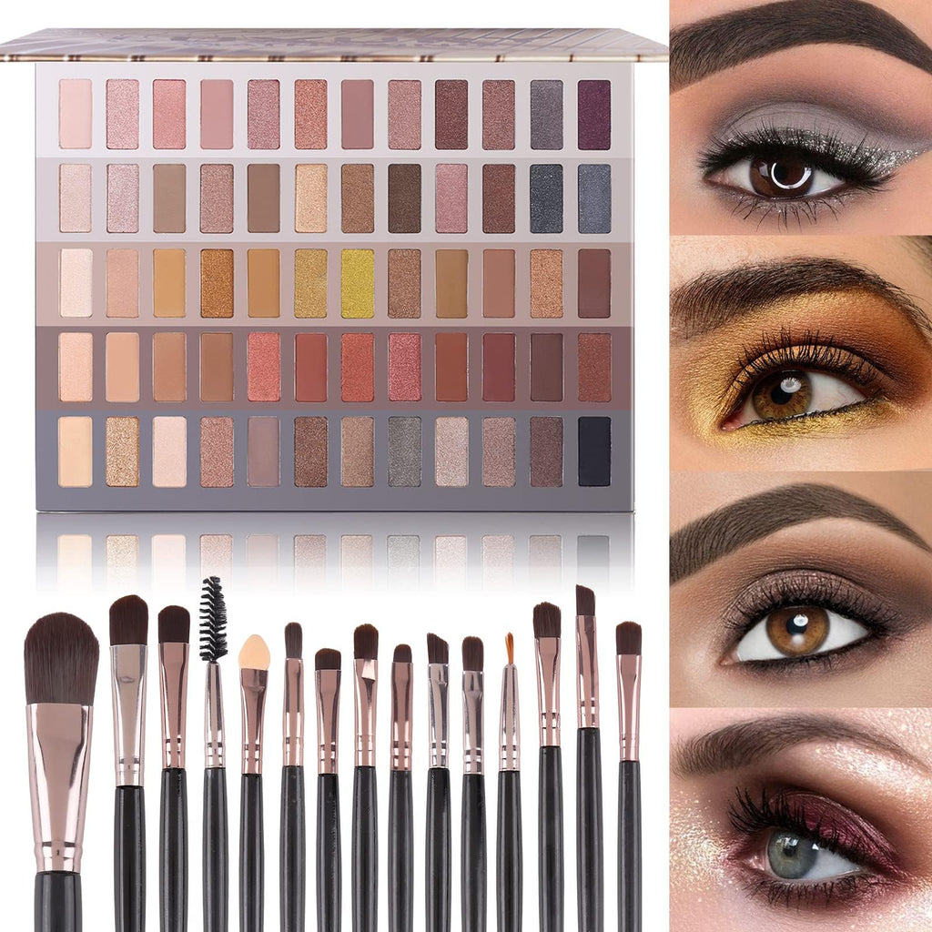 UCANBE 60 Colors Naked Eyeshadow Palette + 15-Piece Brush Set – Nude Neutral Smokey Makeup Kit