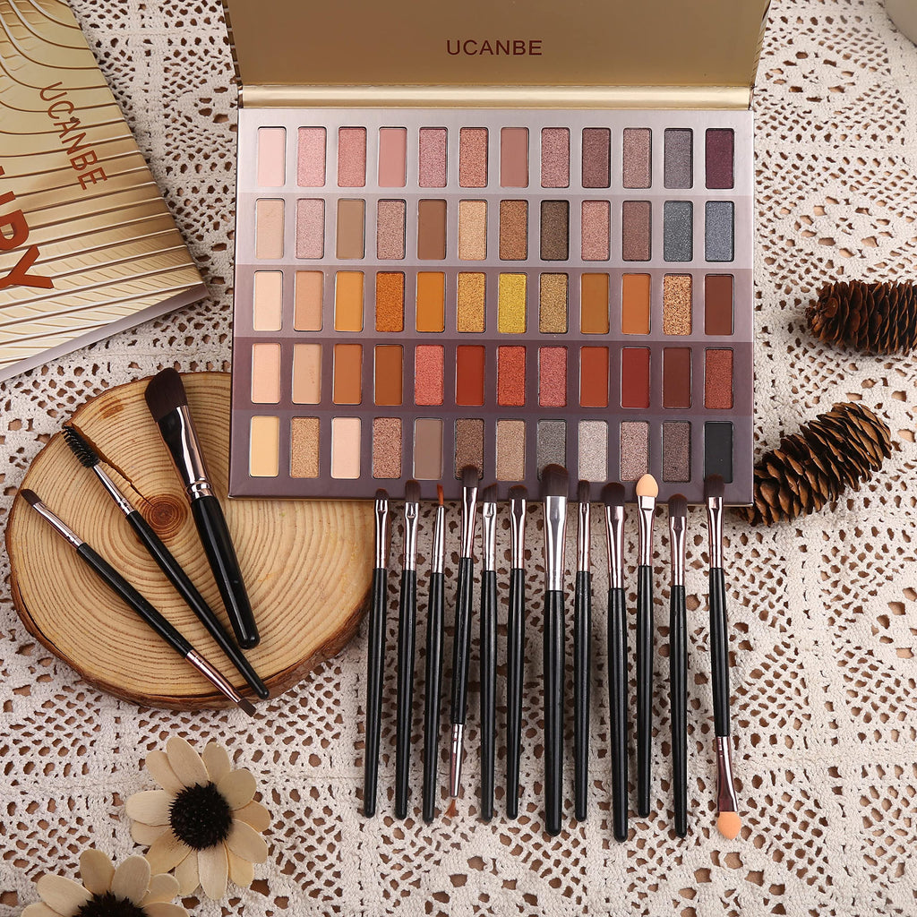 UCANBE 60 Colors Naked Eyeshadow Palette + 15-Piece Brush Set – Nude Neutral Smokey Makeup Kit