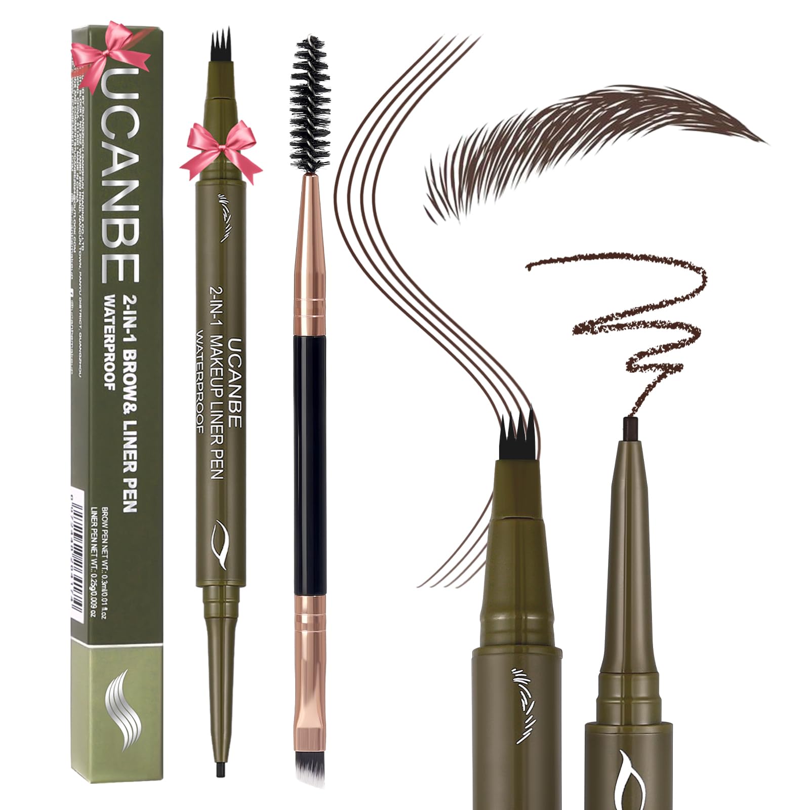 UCANBE Dual-Ended Eyebrow Pen & Gel Liner — 4-Fork Tips, Spoolie, Classic Brown