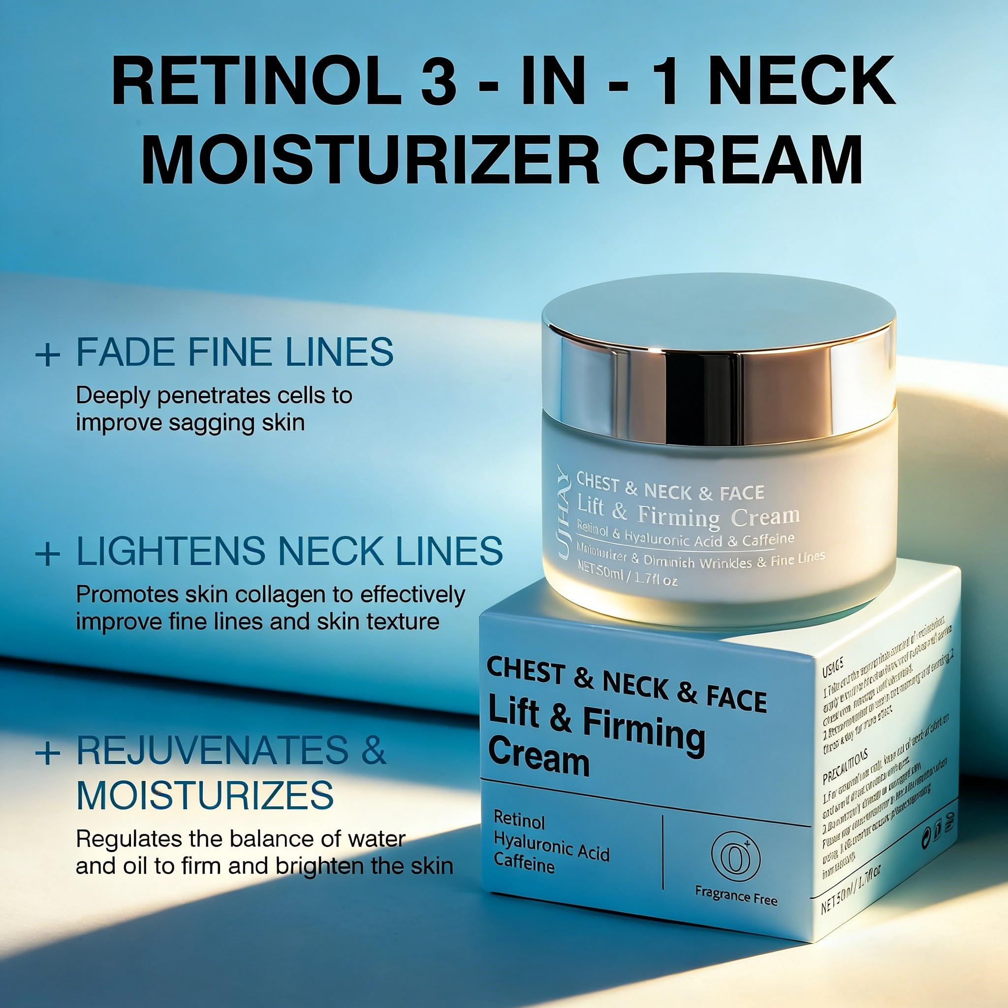 UJhay Retinol Neck Cream with Hyaluronic Acid & Caffeine – 3-in-1 Firming for Neck, Face & Chest (50 ml)