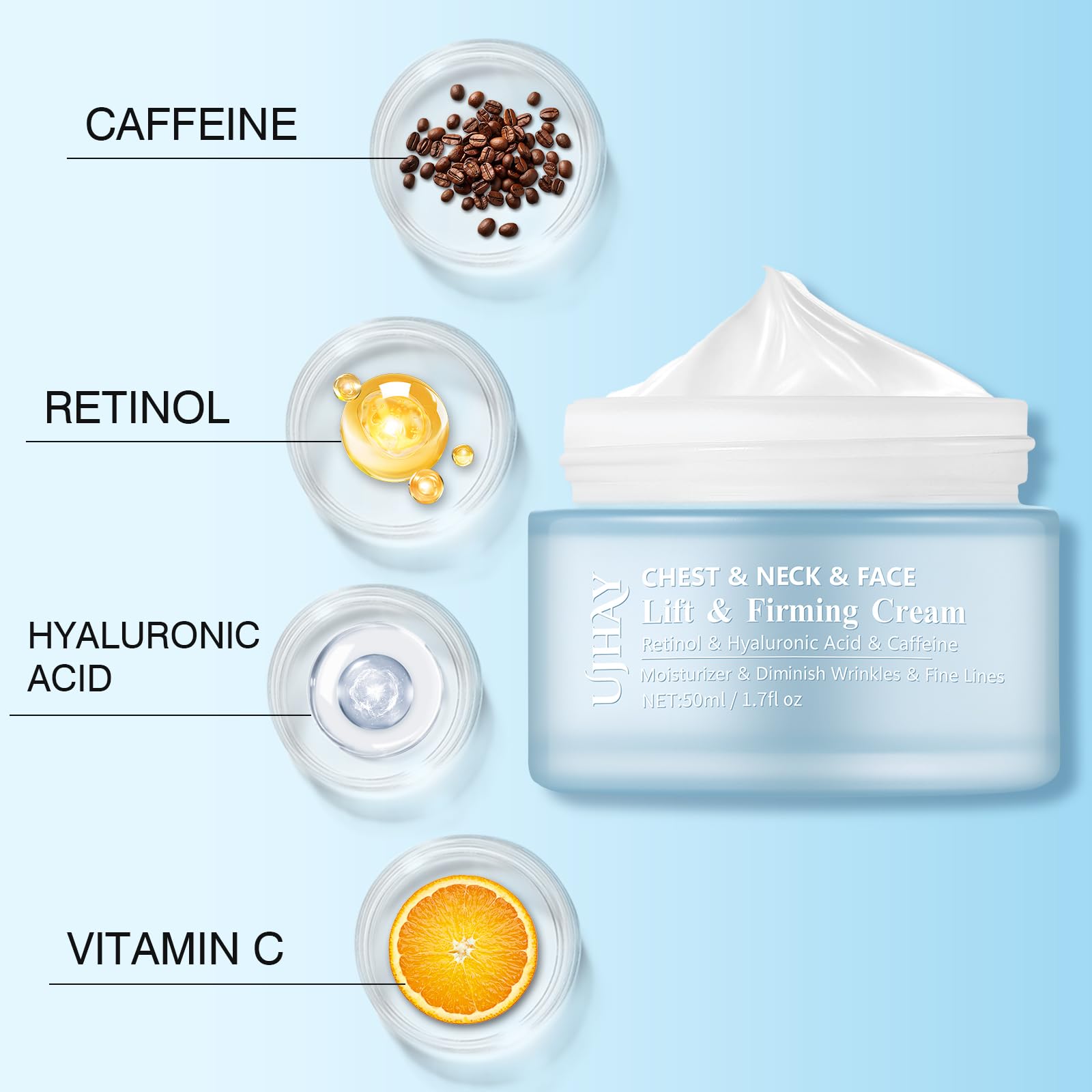 UJhay Retinol Neck Cream with Hyaluronic Acid & Caffeine – 3-in-1 Firming for Neck, Face & Chest (50 ml)