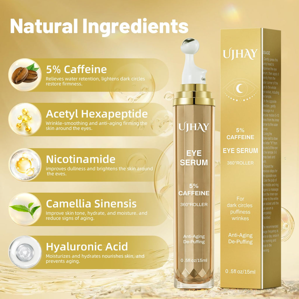 UJHAY 5% Caffeine Eye Cream – Eye Serum for Dark Circles, Puffiness & Fine Lines with 360° Massage Ball