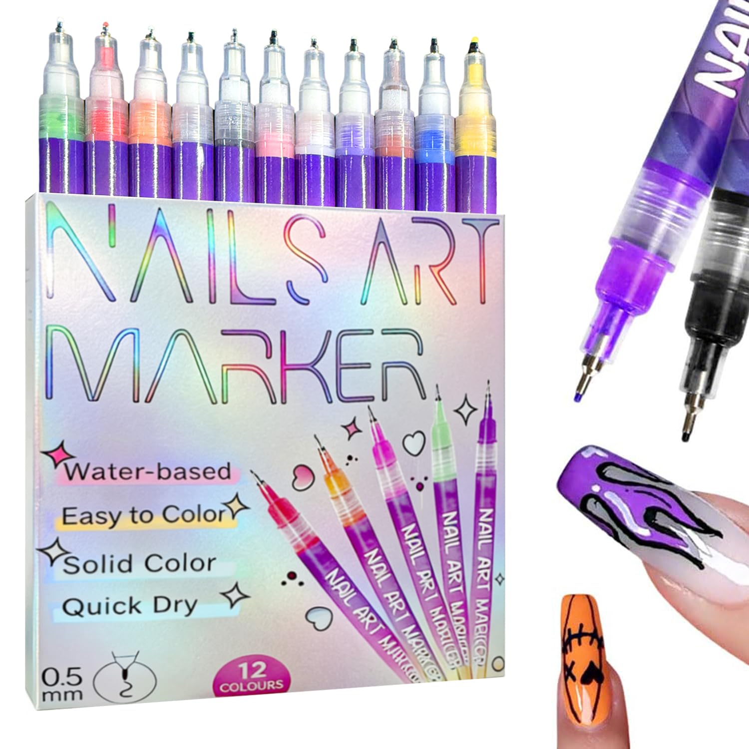 UKM 12 Colors Nail Art Pens - Quick-Dry Nail Markers for Home Salon (1 Set)
