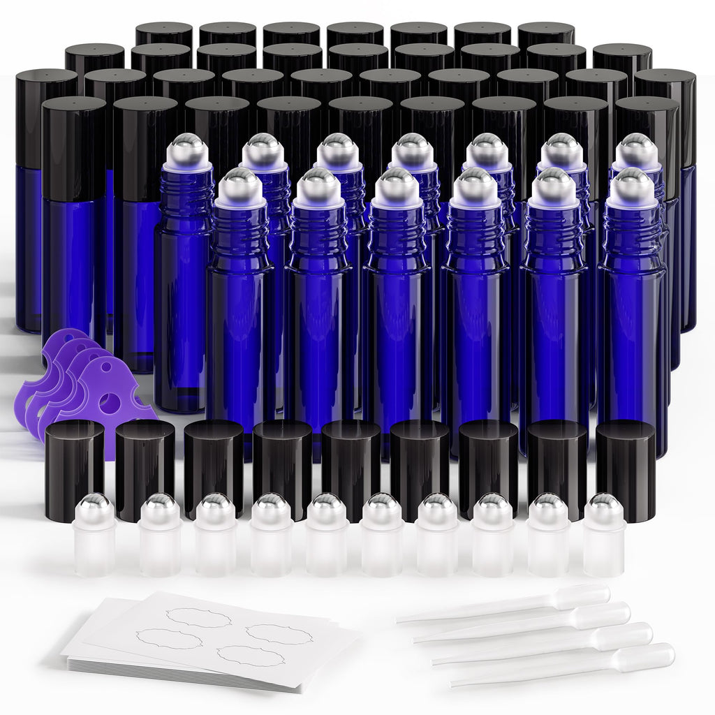 ULG Essential Oil Roller Bottles 48 Pack – 10ml Cobalt Blue Glass with Stainless Steel Rollers