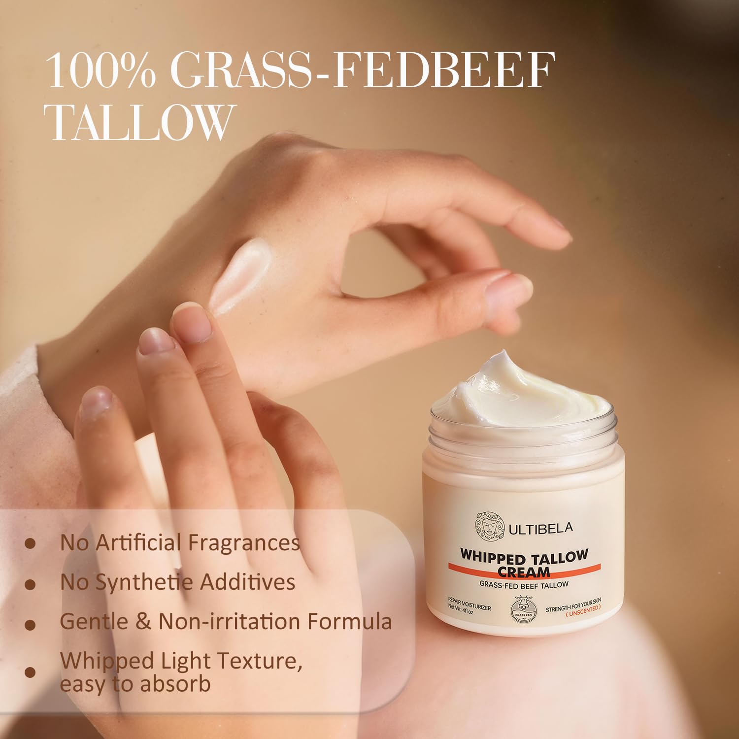 ULTIBELA Beef Tallow Balm for Body & Face – 100% Grass-Fed Whipped Tallow & Honey, Unscented 4oz