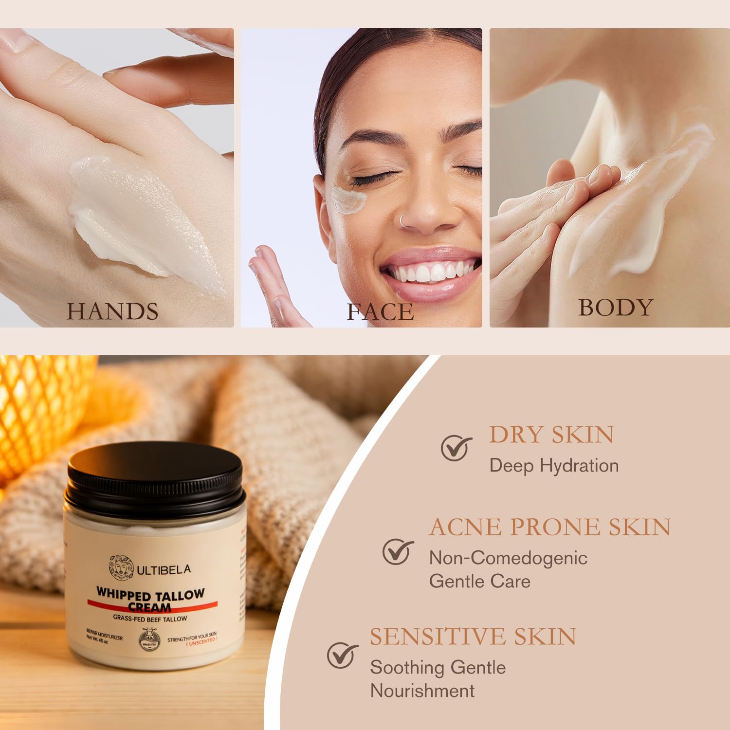 ULTIBELA Beef Tallow Balm for Body & Face – 100% Grass-Fed Whipped Tallow & Honey, Unscented 4oz