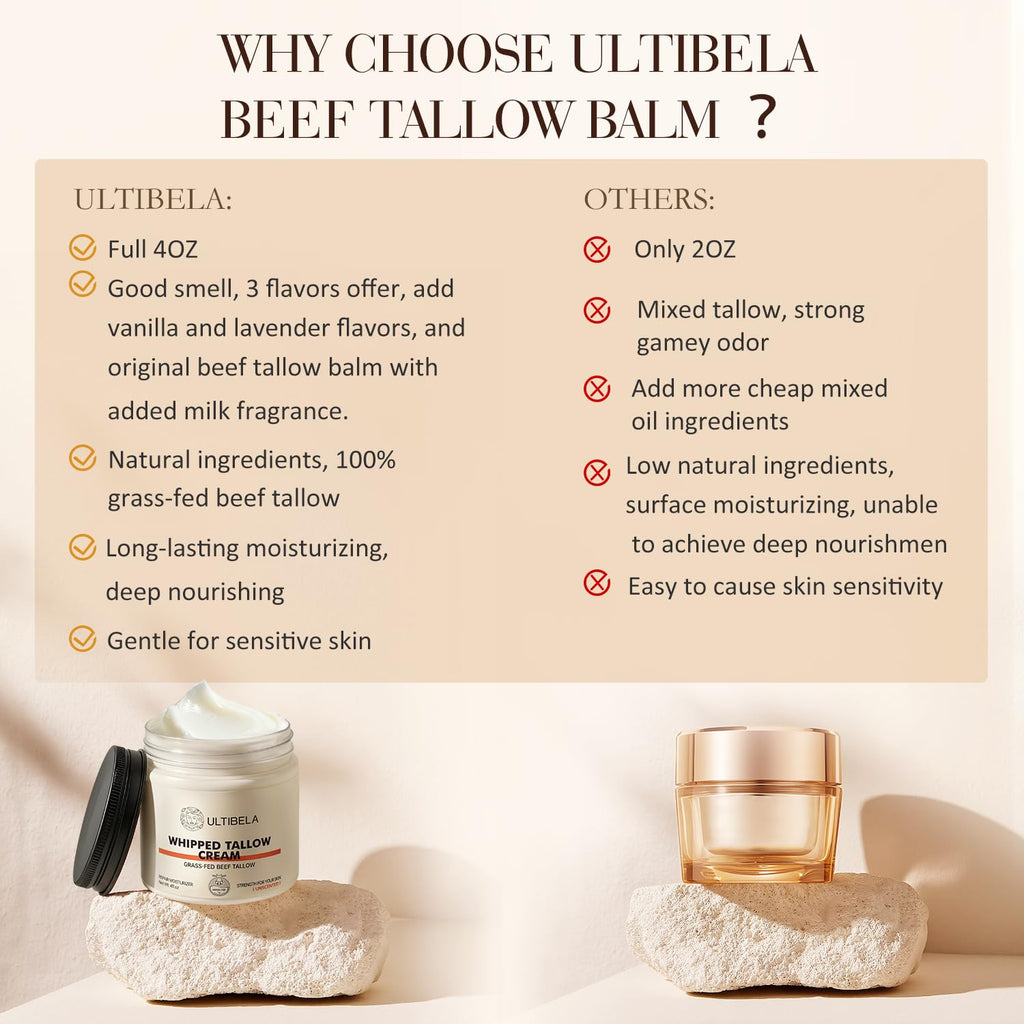 ULTIBELA Beef Tallow Balm for Body & Face – 100% Grass-Fed Whipped Tallow & Honey, Unscented 4oz