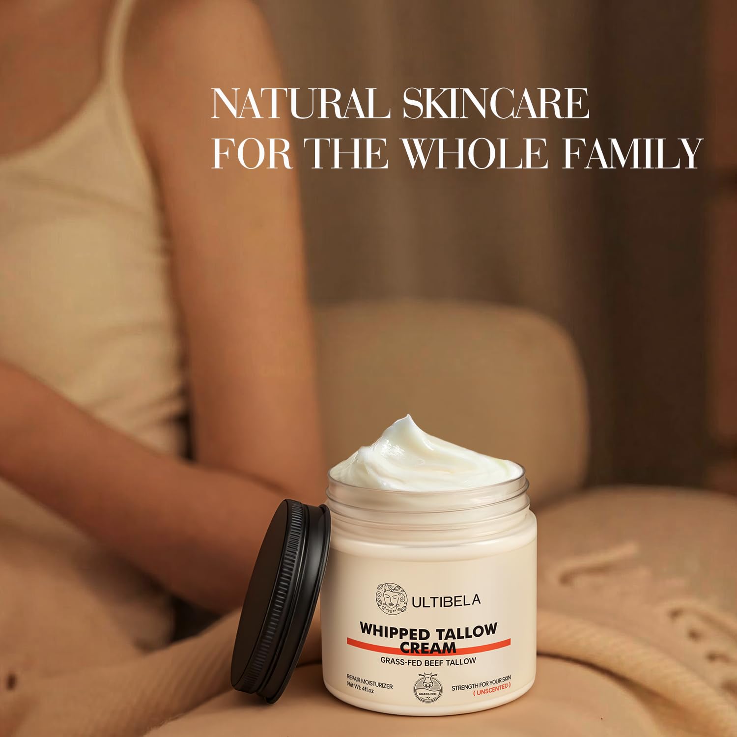 ULTIBELA Beef Tallow Balm for Body & Face – 100% Grass-Fed Whipped Tallow & Honey, Unscented 4oz
