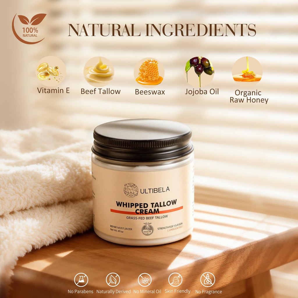 ULTIBELA Beef Tallow Balm for Body & Face – 100% Grass-Fed Whipped Tallow & Honey, Unscented 4oz