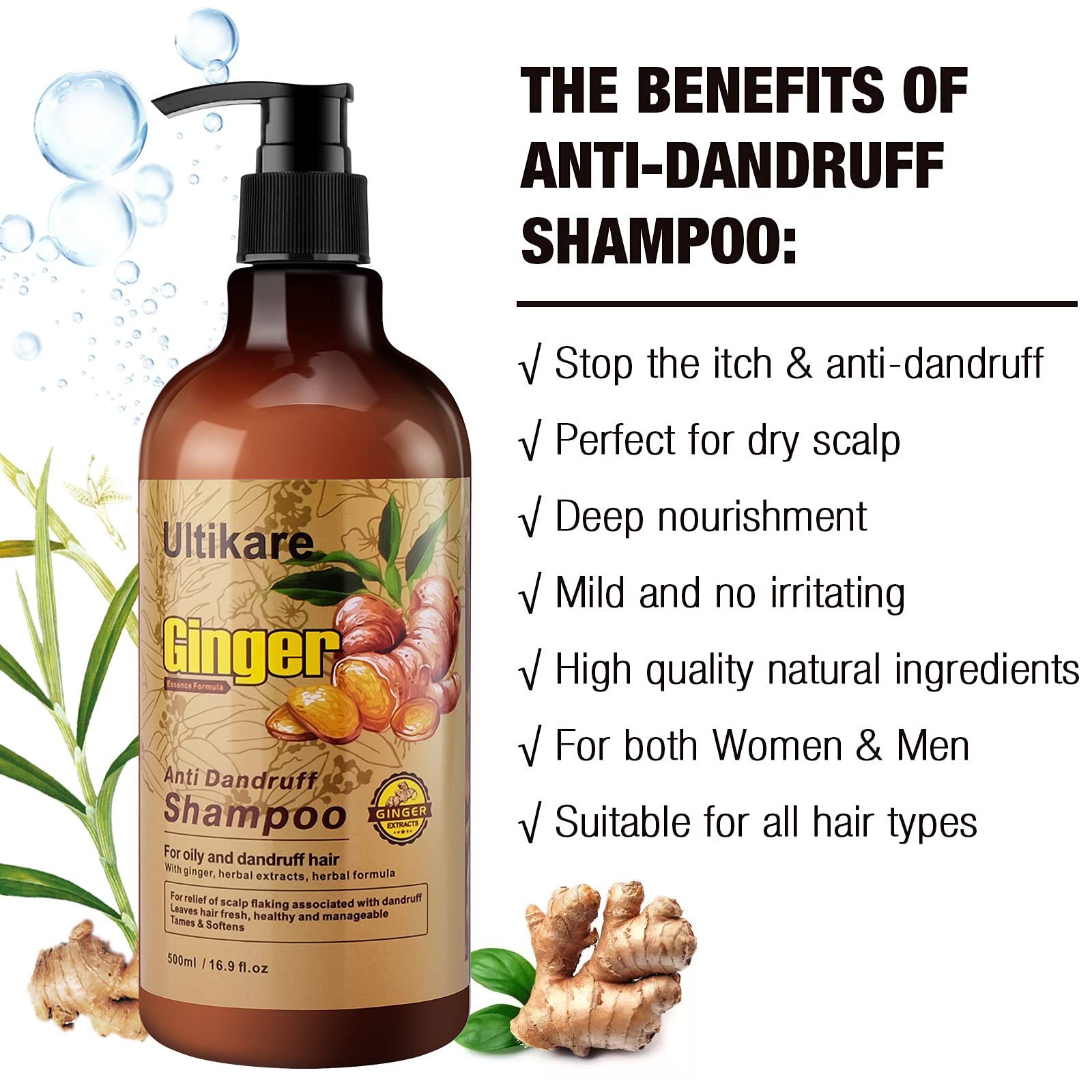 Ultikare Ginger Shampoo for Dandruff – Anti-Dandruff Scalp Care for Itchy Dry Scalp