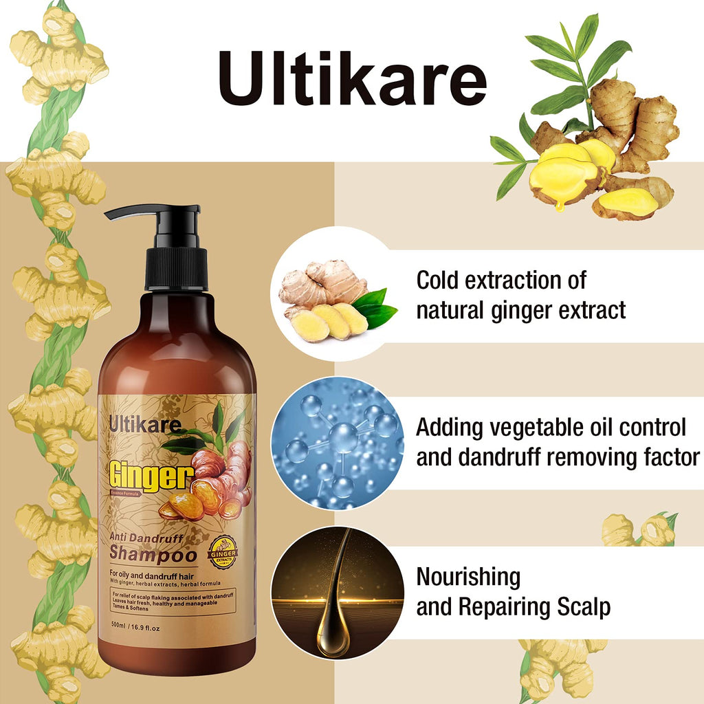 Ultikare Ginger Shampoo for Dandruff – Anti-Dandruff Scalp Care for Itchy Dry Scalp