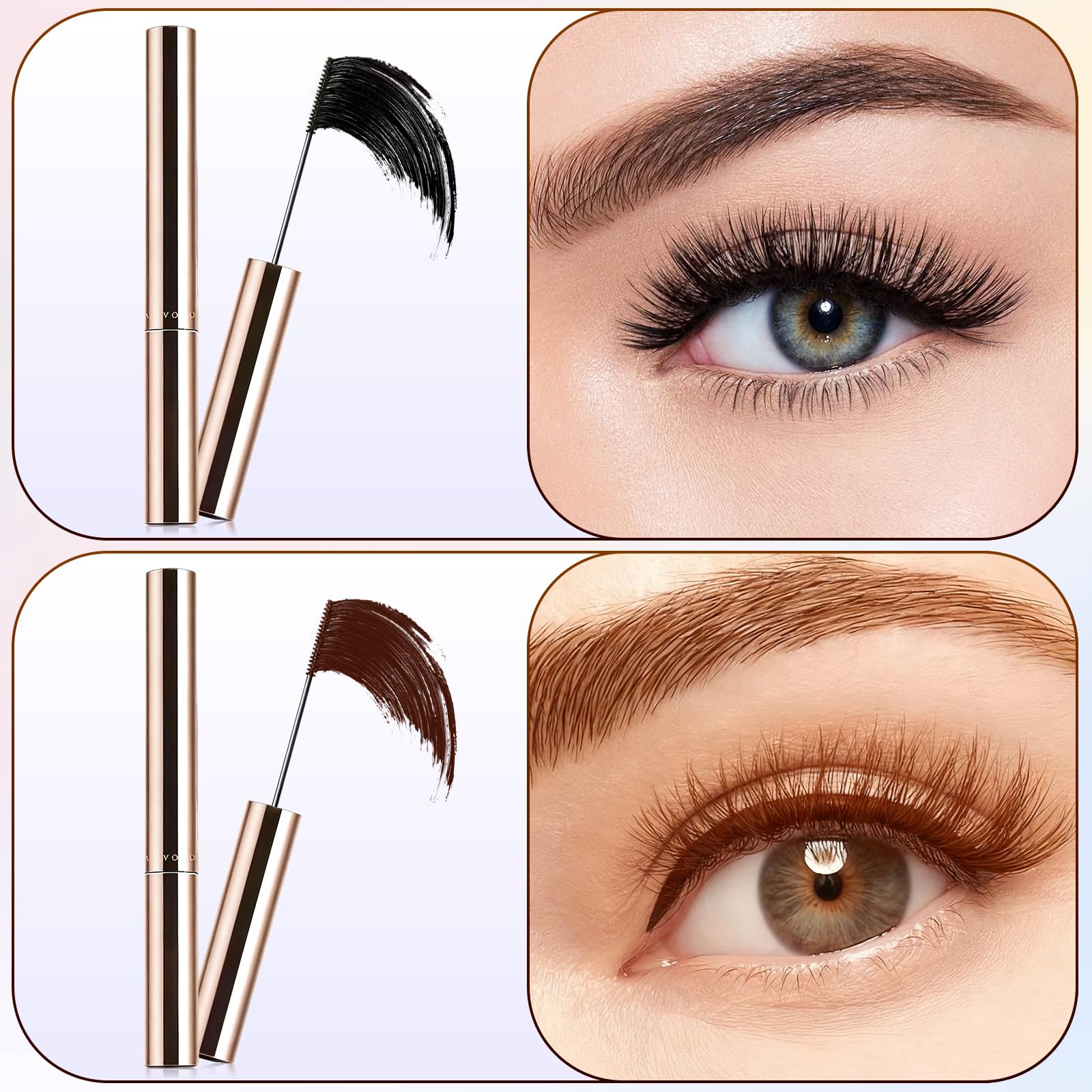 Ultra-Fine Lengthening Waterproof Mascara – 24h Smudge-Proof (Black+Brown)