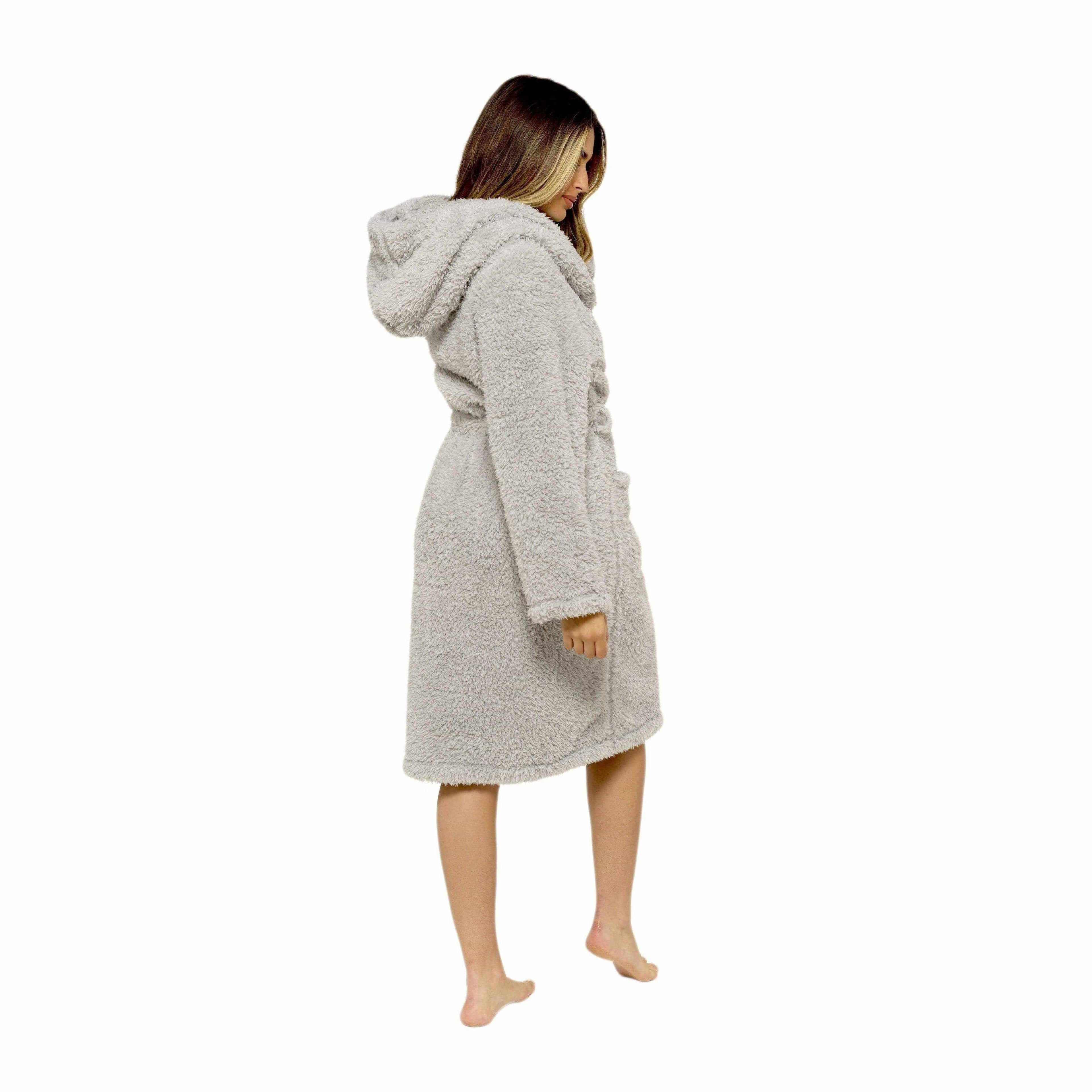 Daisy Dreamer Womens Grey Teddy Fleece Hooded Bath Robe Ultra Soft Premium Loungewear