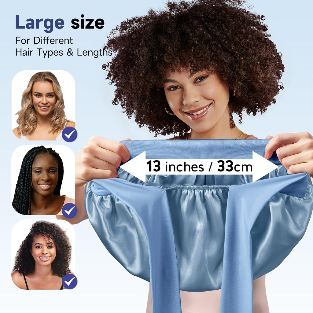 Umisleep Silk Bonnet with Real Mulberry Silk Lining — Large Hair Wrap for Curly & Thick Hair (Blue)