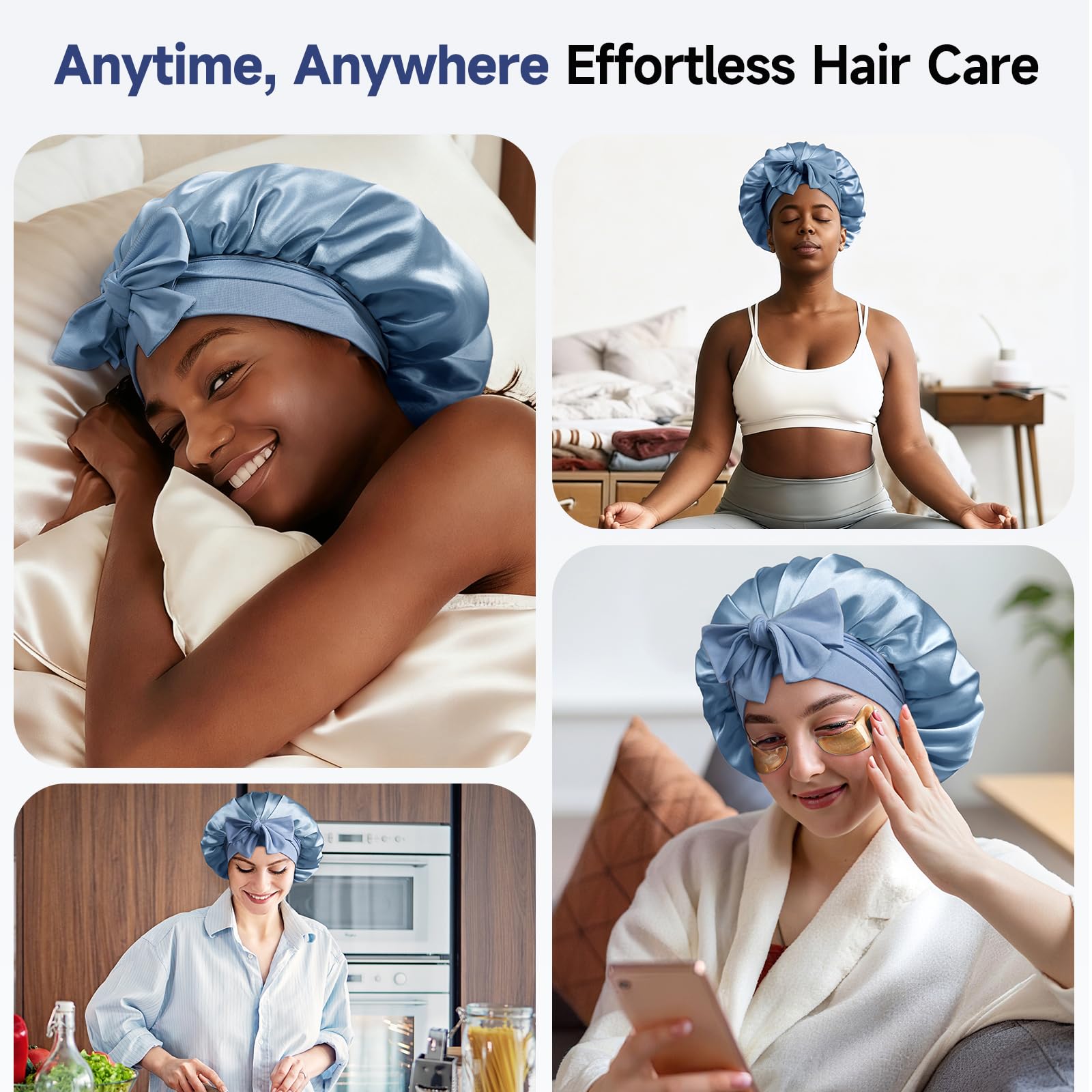 Umisleep Silk Bonnet with Real Mulberry Silk Lining — Large Hair Wrap for Curly & Thick Hair (Blue)