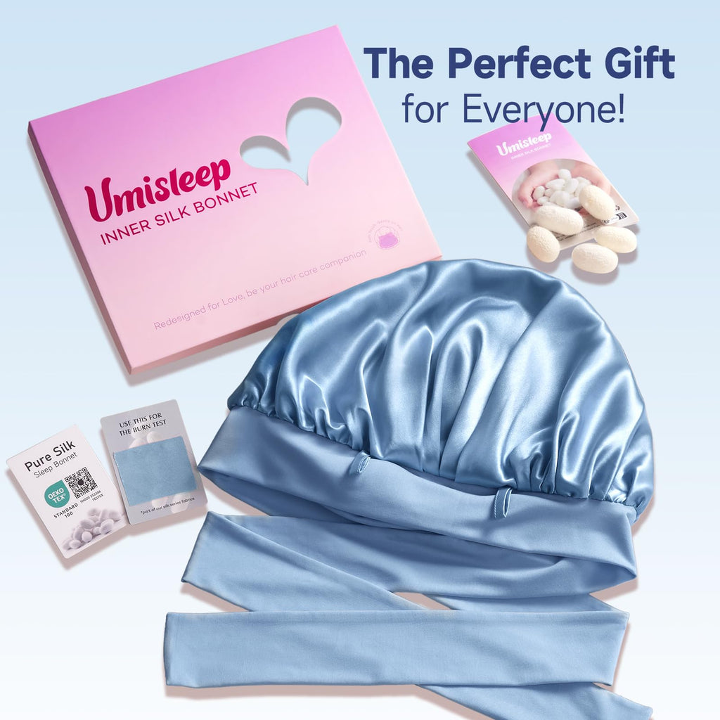 Umisleep Silk Bonnet with Real Mulberry Silk Lining — Large Hair Wrap for Curly & Thick Hair (Blue)