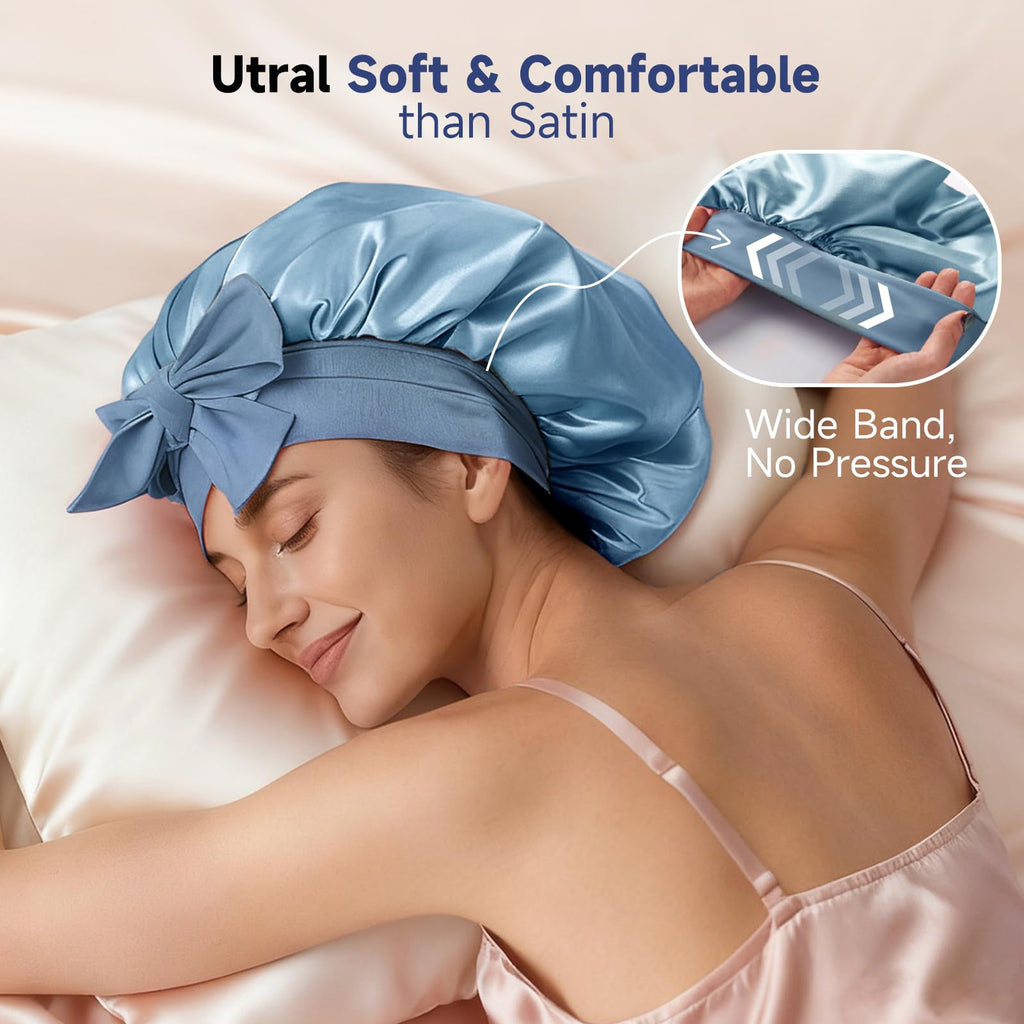 Umisleep Silk Bonnet with Real Mulberry Silk Lining — Large Hair Wrap for Curly & Thick Hair (Blue)