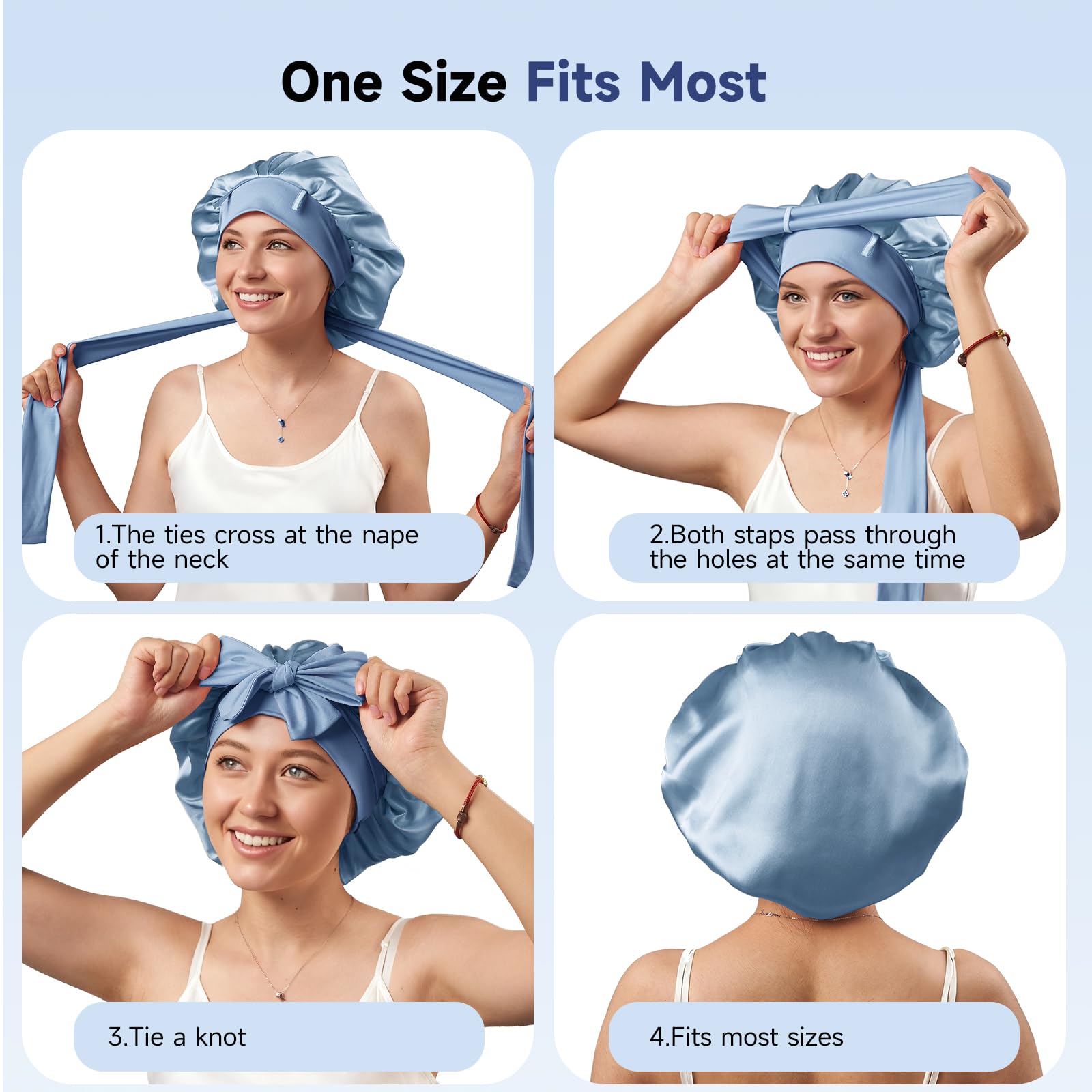 Umisleep Silk Bonnet with Real Mulberry Silk Lining — Large Hair Wrap for Curly & Thick Hair (Blue)
