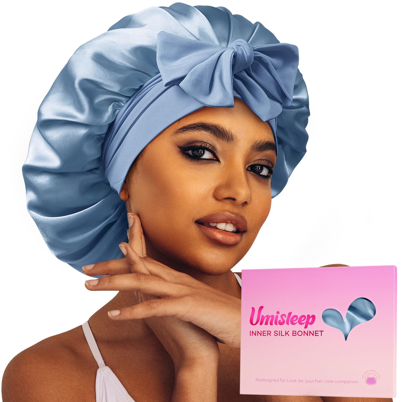 Umisleep Silk Bonnet with Real Mulberry Silk Lining — Large Hair Wrap for Curly & Thick Hair (Blue)