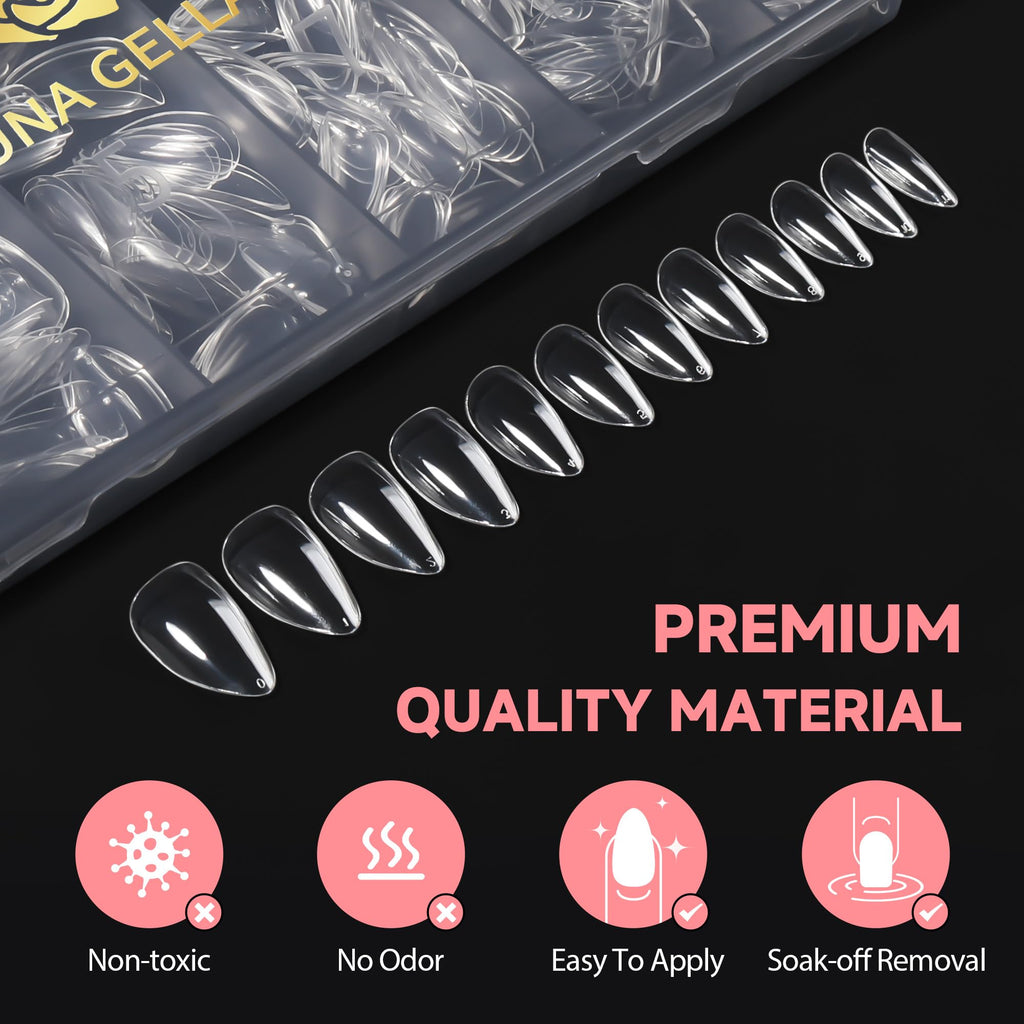 UNA GELLA Short Almond Nail Tips – 504Pcs Soft Gel Full Cover Nails, Durable DIY Press-On Nails, 12 Sizes
