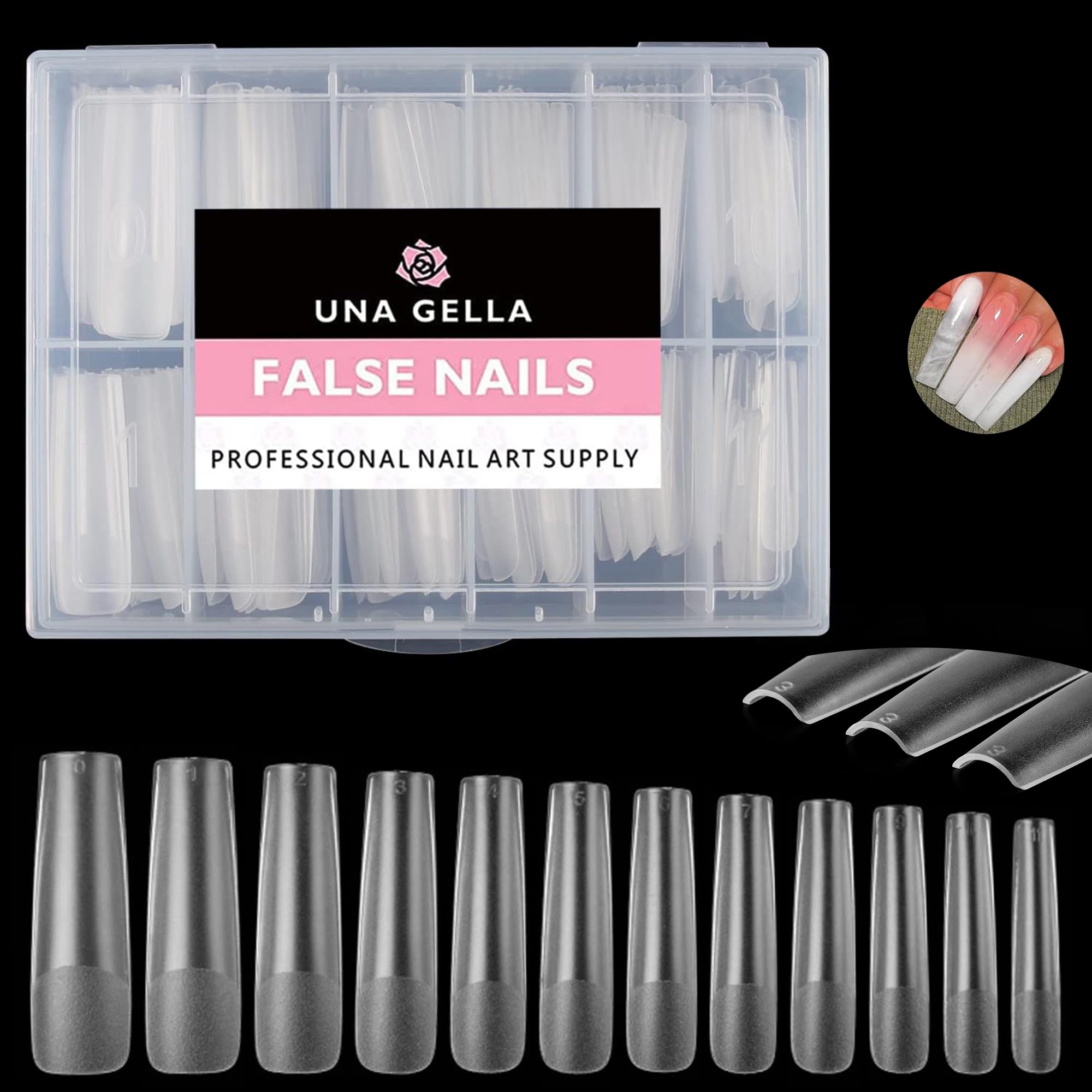 UNA GELLA XXL Long Square Nail Tips – 216pcs, No File Needed, 12 Sizes, Clear Full-Cover Press-On Nails