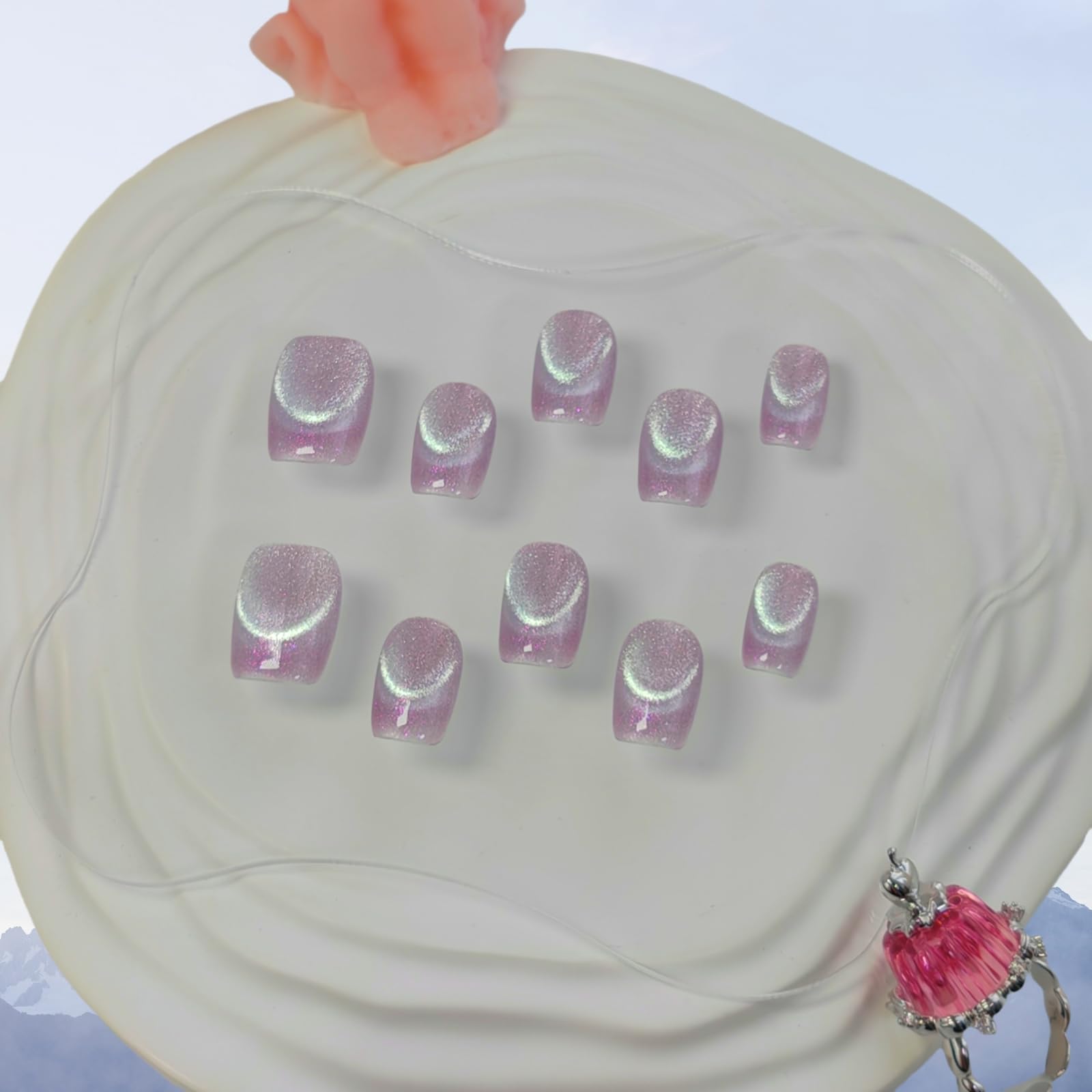 UNIYVOH Cat Eye Press-On Nails - Handmade Short Oval with French Tip & Aurora Shimmer (Pink Dream, Small)