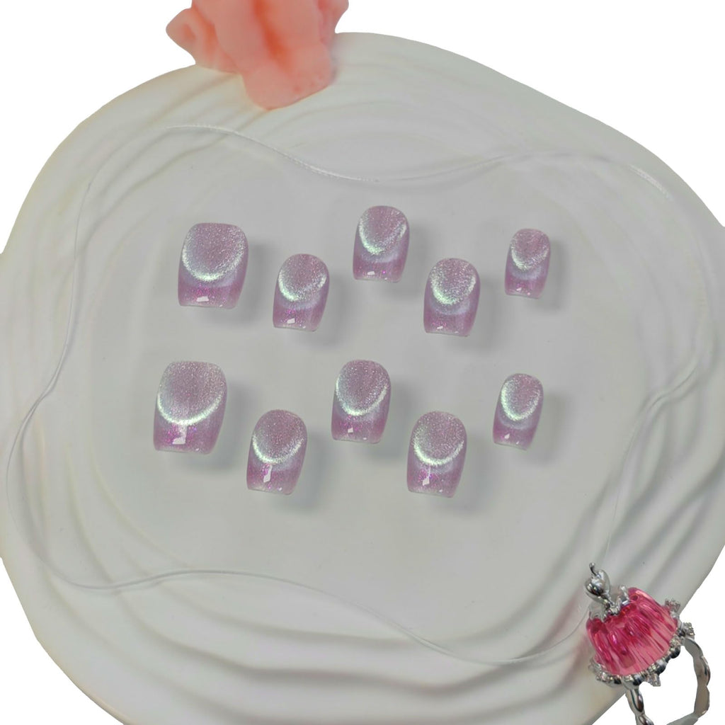 UNIYVOH Cat Eye Press-On Nails - Handmade Short Oval with French Tip & Aurora Shimmer (Pink Dream, Small)
