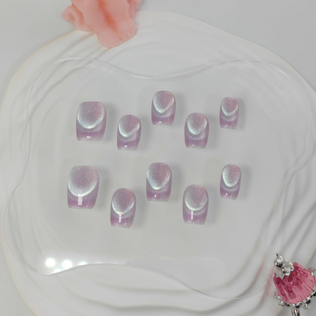 UNIYVOH Cat Eye Press-On Nails - Handmade Short Oval with French Tip & Aurora Shimmer (Pink Dream, Small)