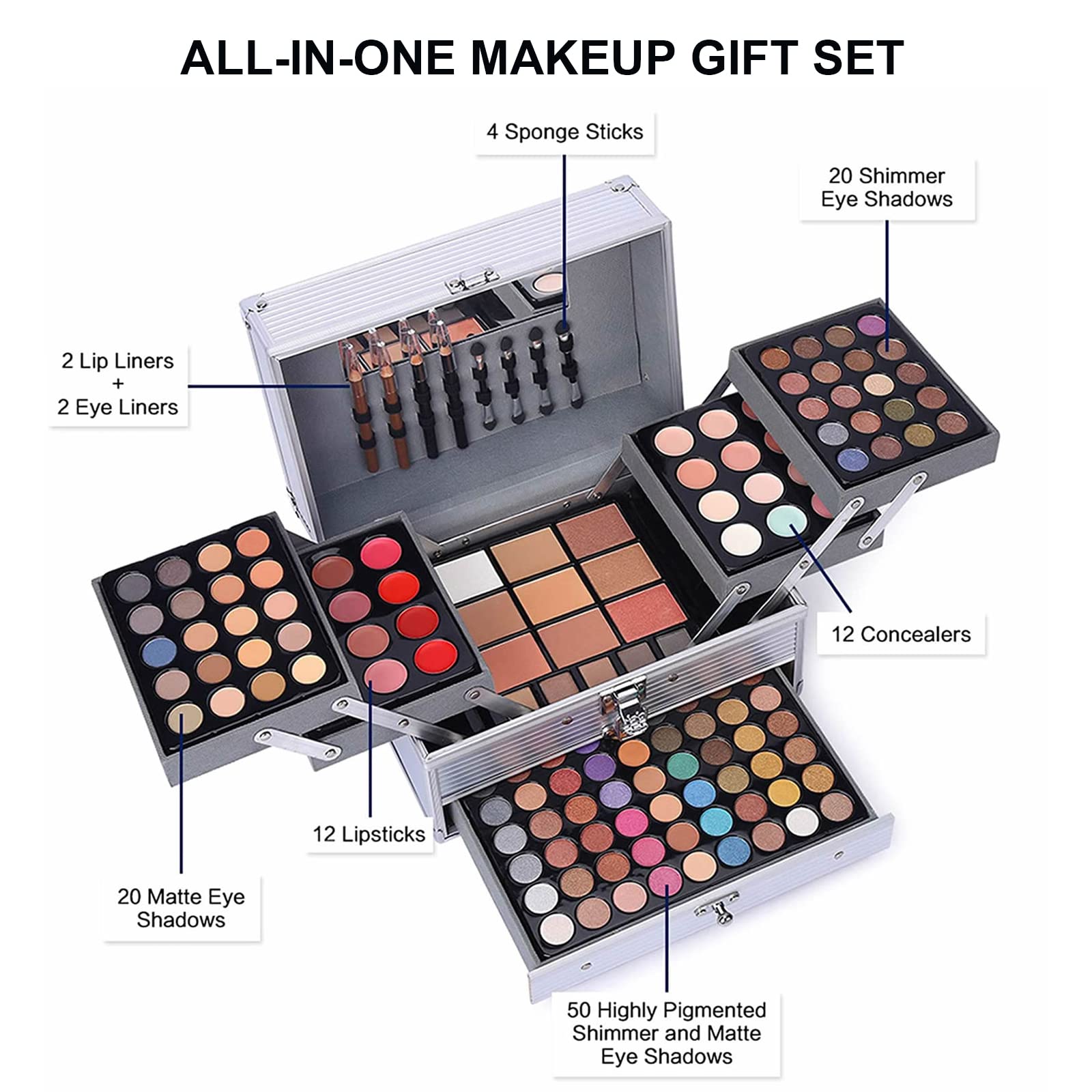 UNIFULL 132-Color All-In-One Makeup Kit – Complete Professional Makeup Set (006N2-Silver)