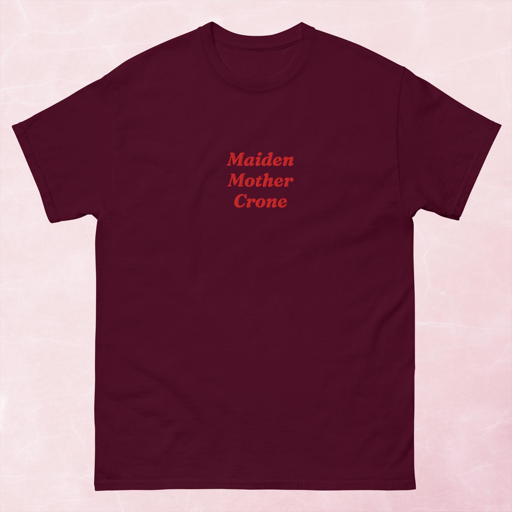 Maiden, Mother Crone fantasy book inspired unisex embroidered t-shirt
