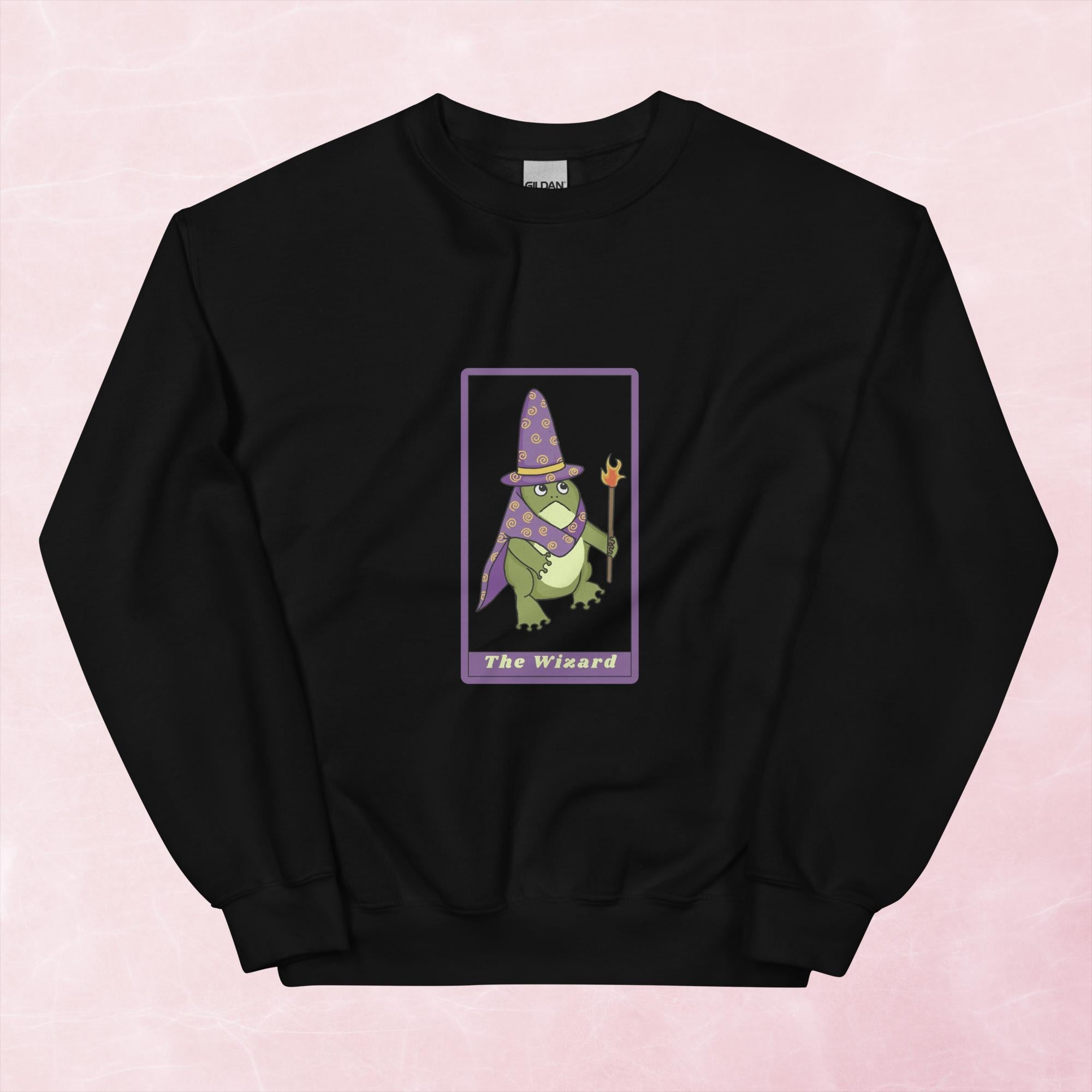 Cool quirky hand illustrated fantasy frog wizard tarot card unisex graphic sweatshirt