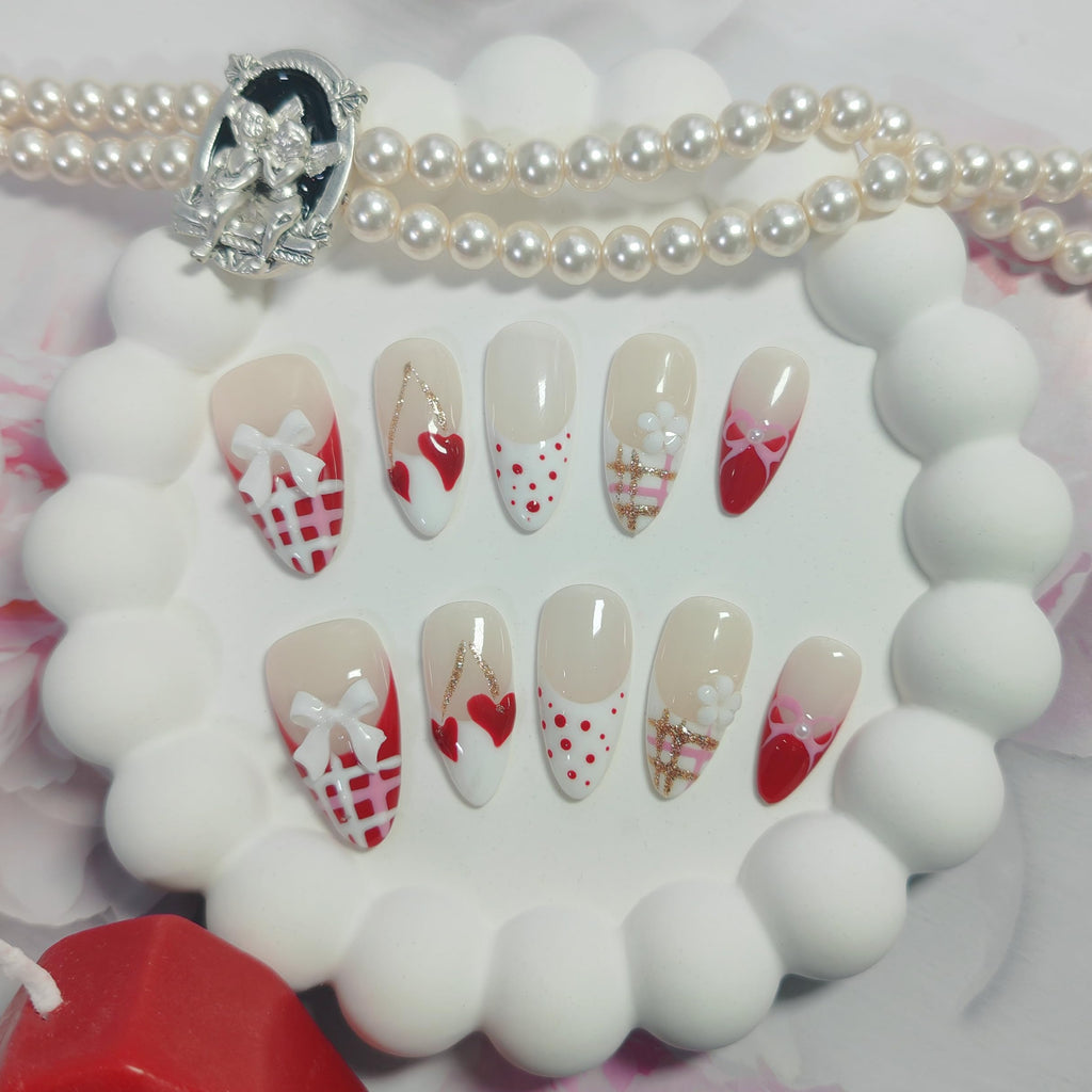 UNIYVOH Almond Press On Nails – Handmade Stiletto 3D Flower Design (Valentine Red French, Size S)