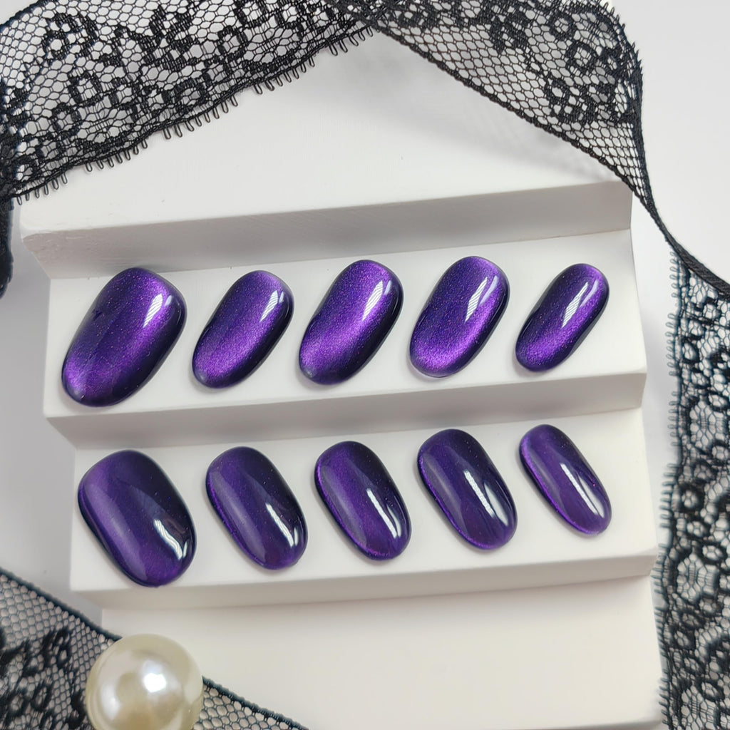 UNIYVOH Cat Eye Press-On Nails – Handmade Short Oval/Square/Round with French Tip & Magnetic Shimmer (Side: Mysterious Purple, Large)