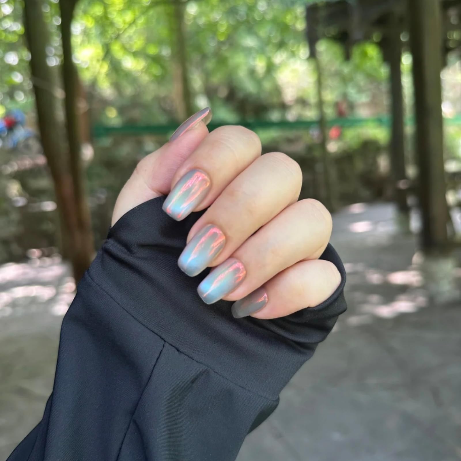UNIYVOH Cat Eye Press On Nails - Handmade Short Nails with Aurora Shimmer (Sunset River M)