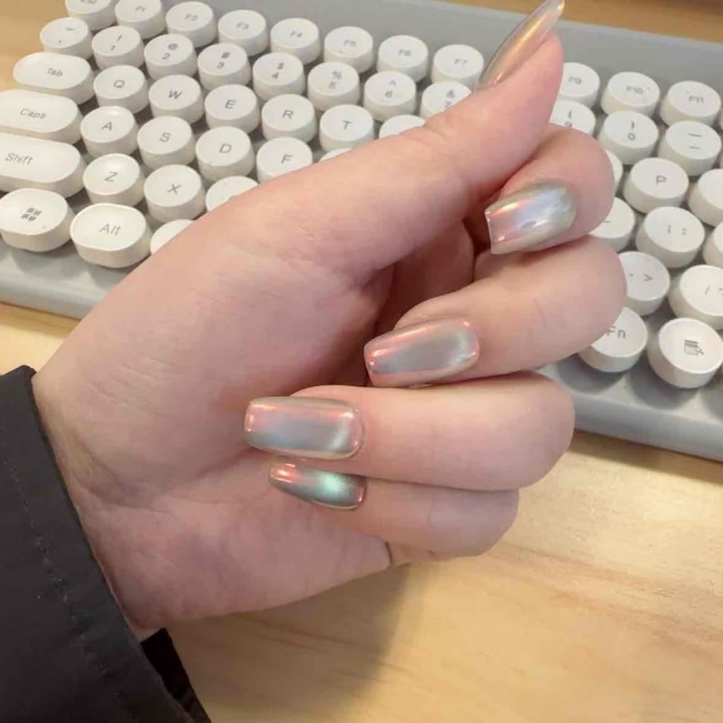 UNIYVOH Cat Eye Press On Nails - Handmade Short Nails with Aurora Shimmer (Sunset River M)