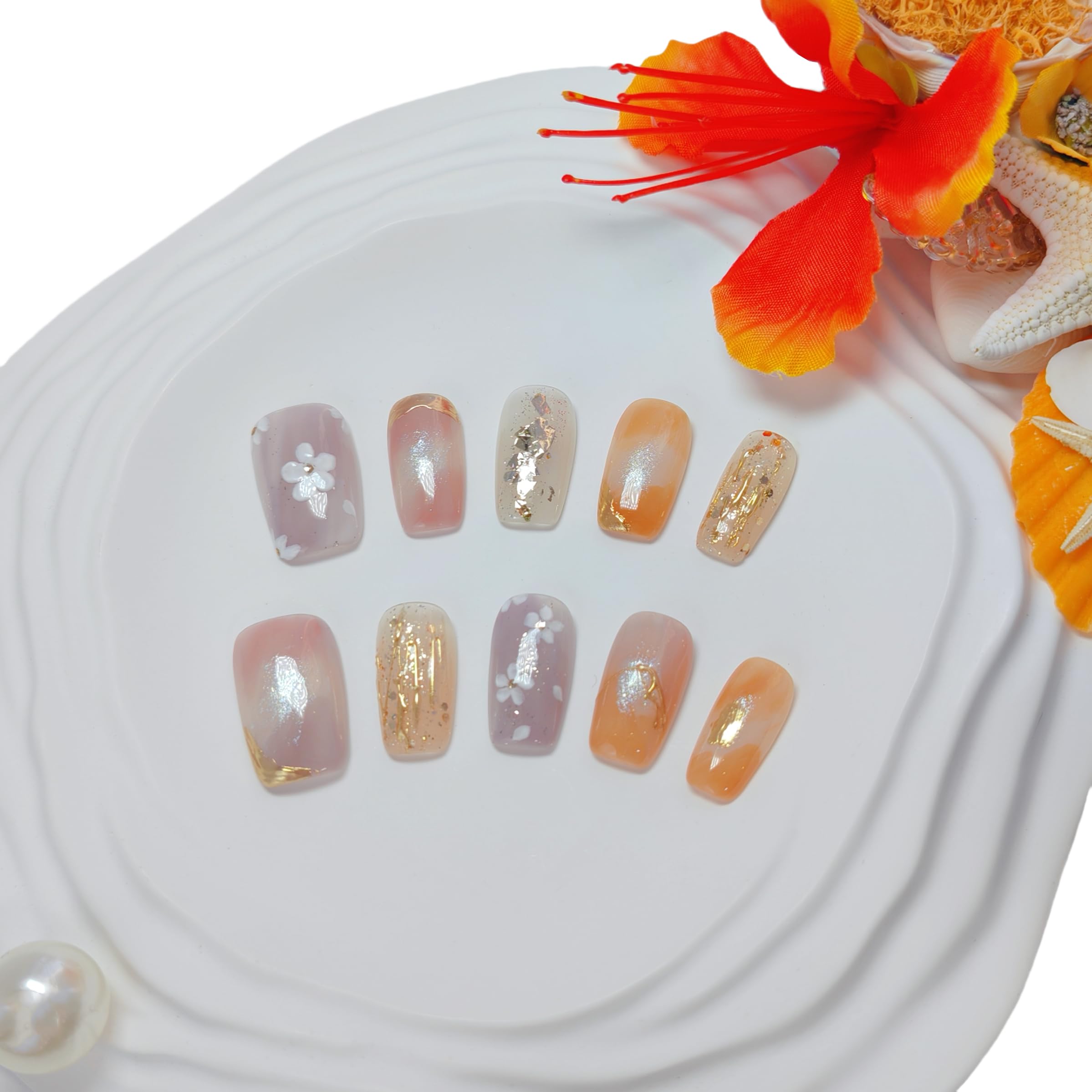 Uniyvoh Cat Eye Press-On Nails – Floral Orange, Short Coffin, Reusable, Handmade (Small)