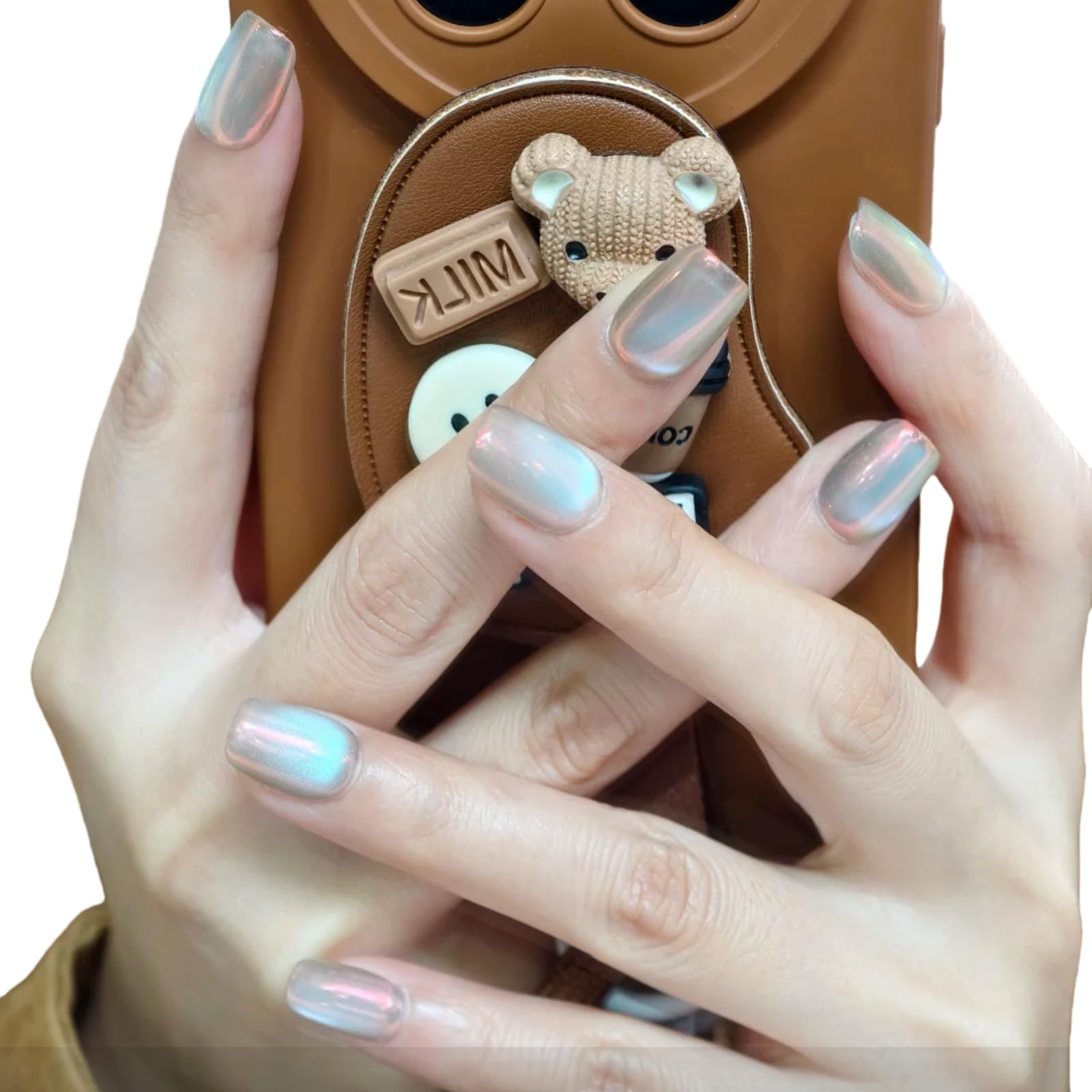 UNIYVOH Cat Eye Press-On Nails – Handmade Short Shapes with Aurora & Magnetic Shimmer (Aurora#Square Sunset River, Large)