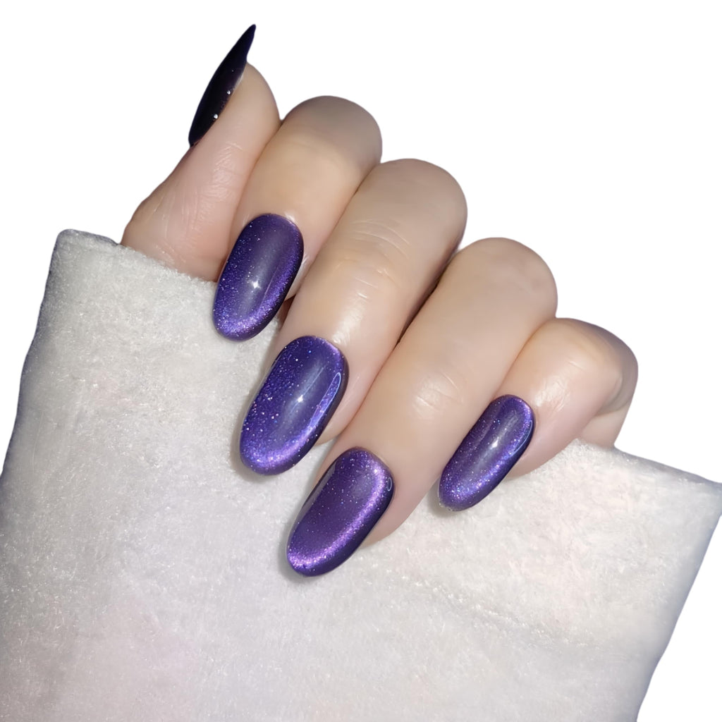 UNIYVOH Cat Eye Press-On Nails – Handmade Short Oval/Square/Round with French Tip & Magnetic Shimmer (Side: Mysterious Purple, Large)