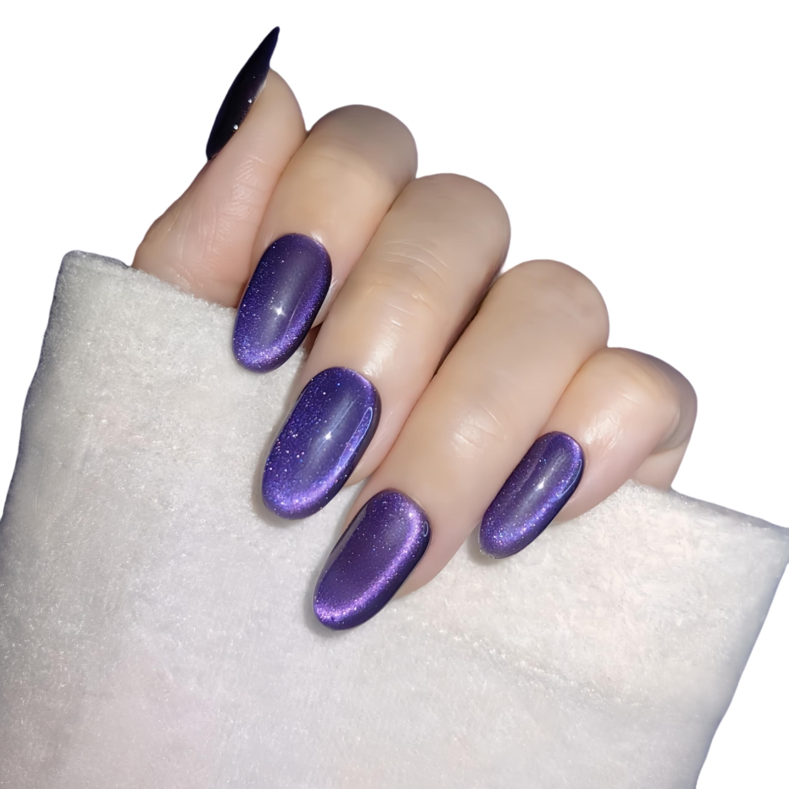 UNIYVOH Cat Eye Press-On Nails – Handmade Short Oval/Square/Round with French Tip & Magnetic Shimmer (Side: Mysterious Purple, Large)