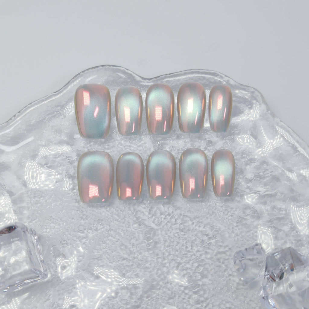 UNIYVOH Cat Eye Press On Nails - Handmade Short Nails with Aurora Shimmer (Sunset River M)