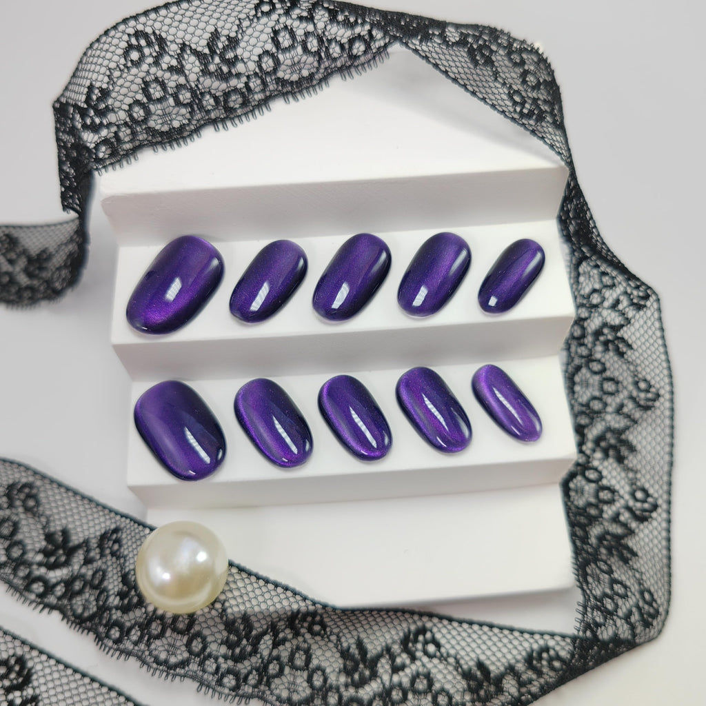 UNIYVOH Cat Eye Press-On Nails – Handmade Short Oval/Square/Round with French Tip & Magnetic Shimmer (Side: Mysterious Purple, Large)