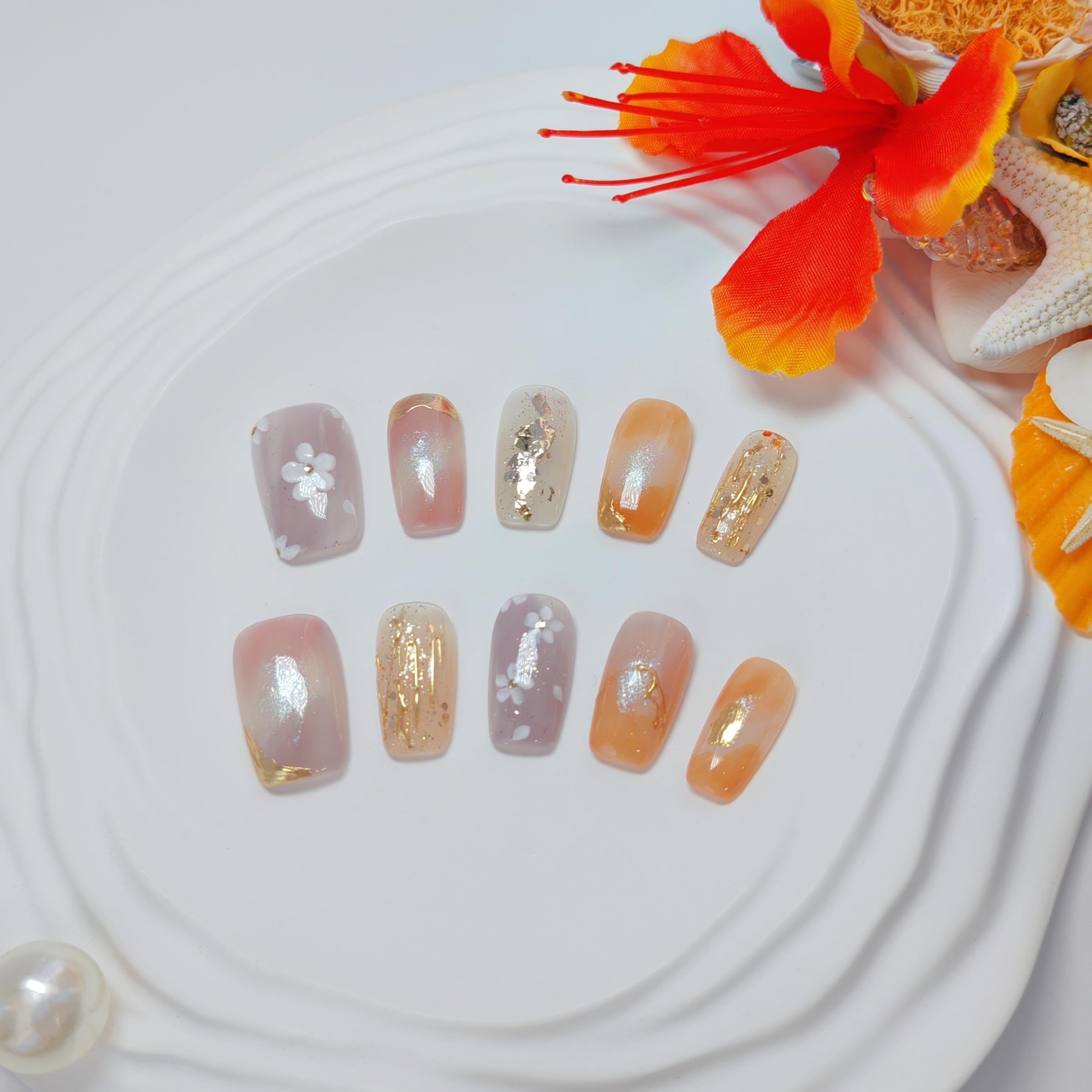 Uniyvoh Cat Eye Press-On Nails – Floral Orange, Short Coffin, Reusable, Handmade (Small)