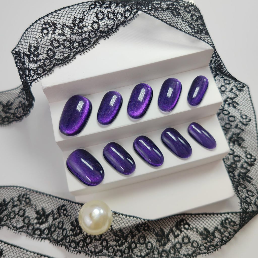 UNIYVOH Cat Eye Press-On Nails – Handmade Short Oval/Square/Round with French Tip & Magnetic Shimmer (Side: Mysterious Purple, Large)