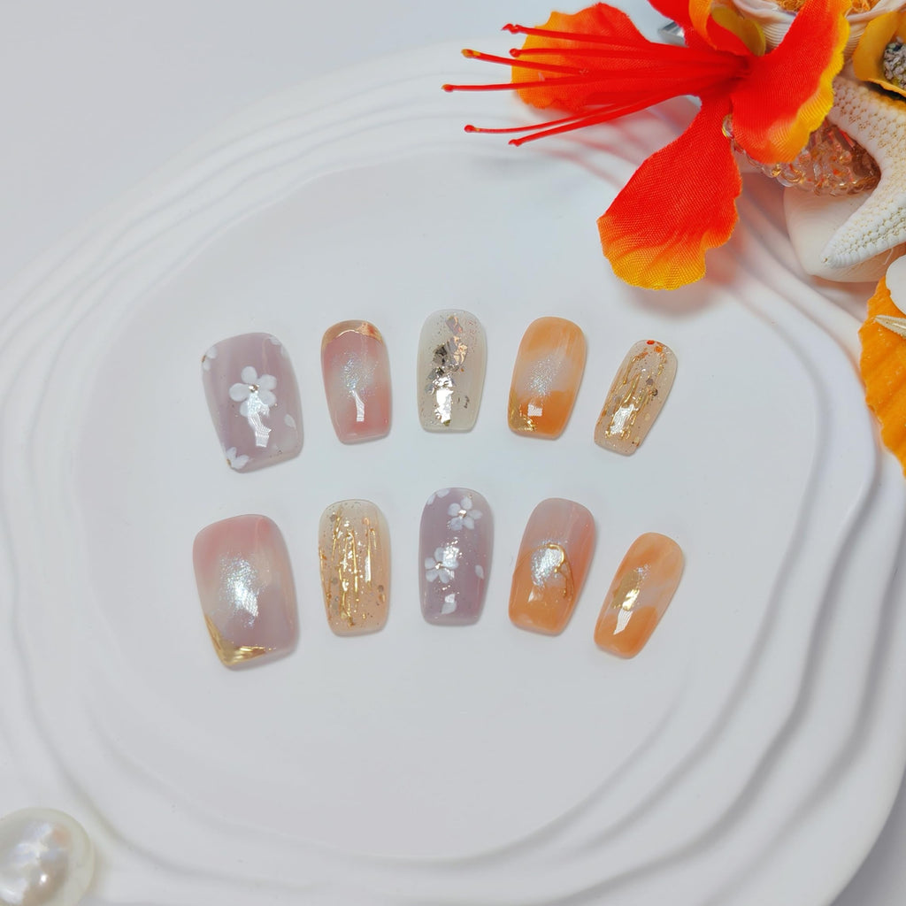Uniyvoh Cat Eye Press-On Nails – Floral Orange, Short Coffin, Reusable, Handmade (Small)