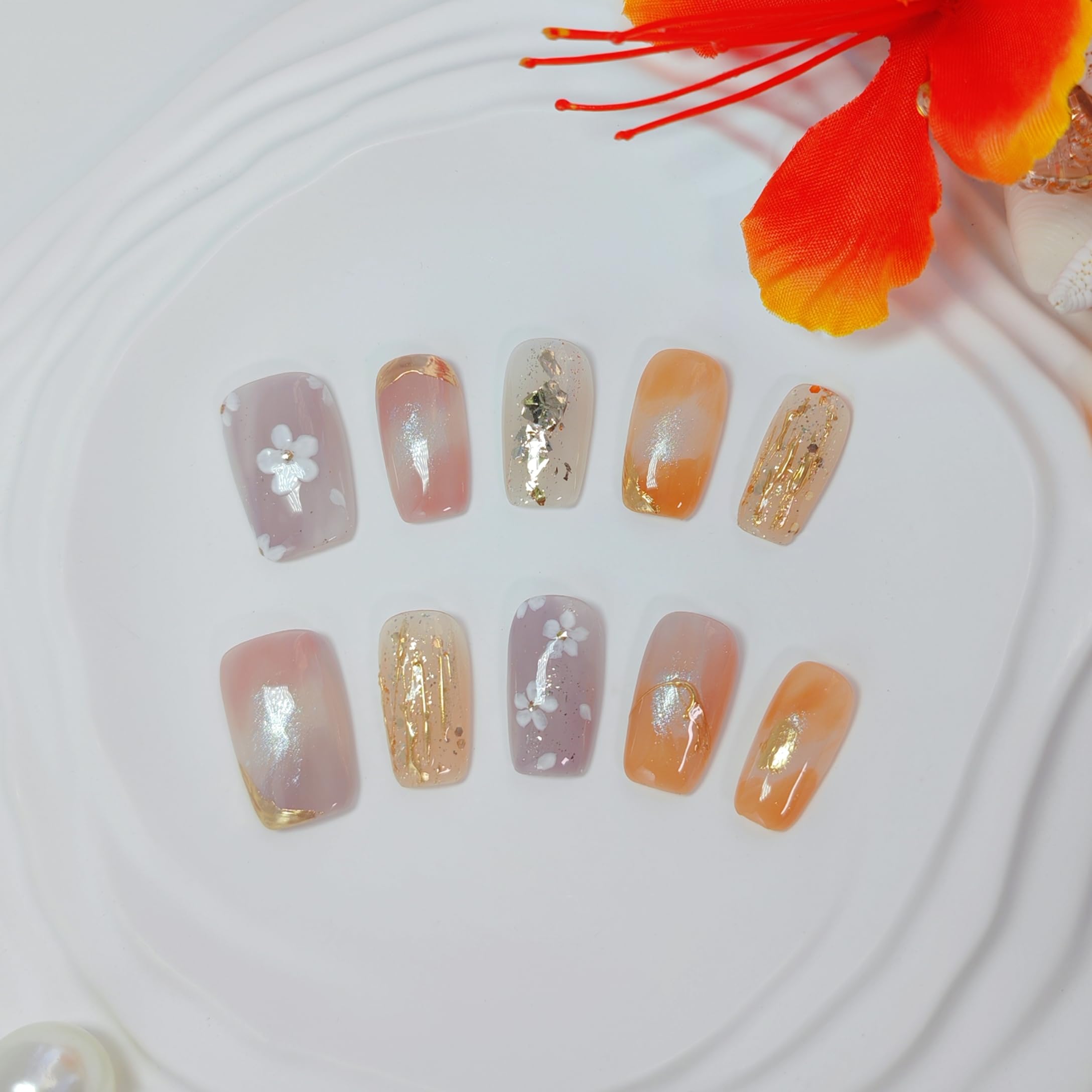 Uniyvoh Cat Eye Press-On Nails – Floral Orange, Short Coffin, Reusable, Handmade (Small)