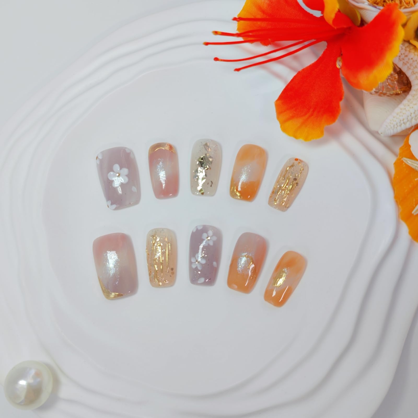 Uniyvoh Cat Eye Press-On Nails – Floral Orange, Short Coffin, Reusable, Handmade (Small)