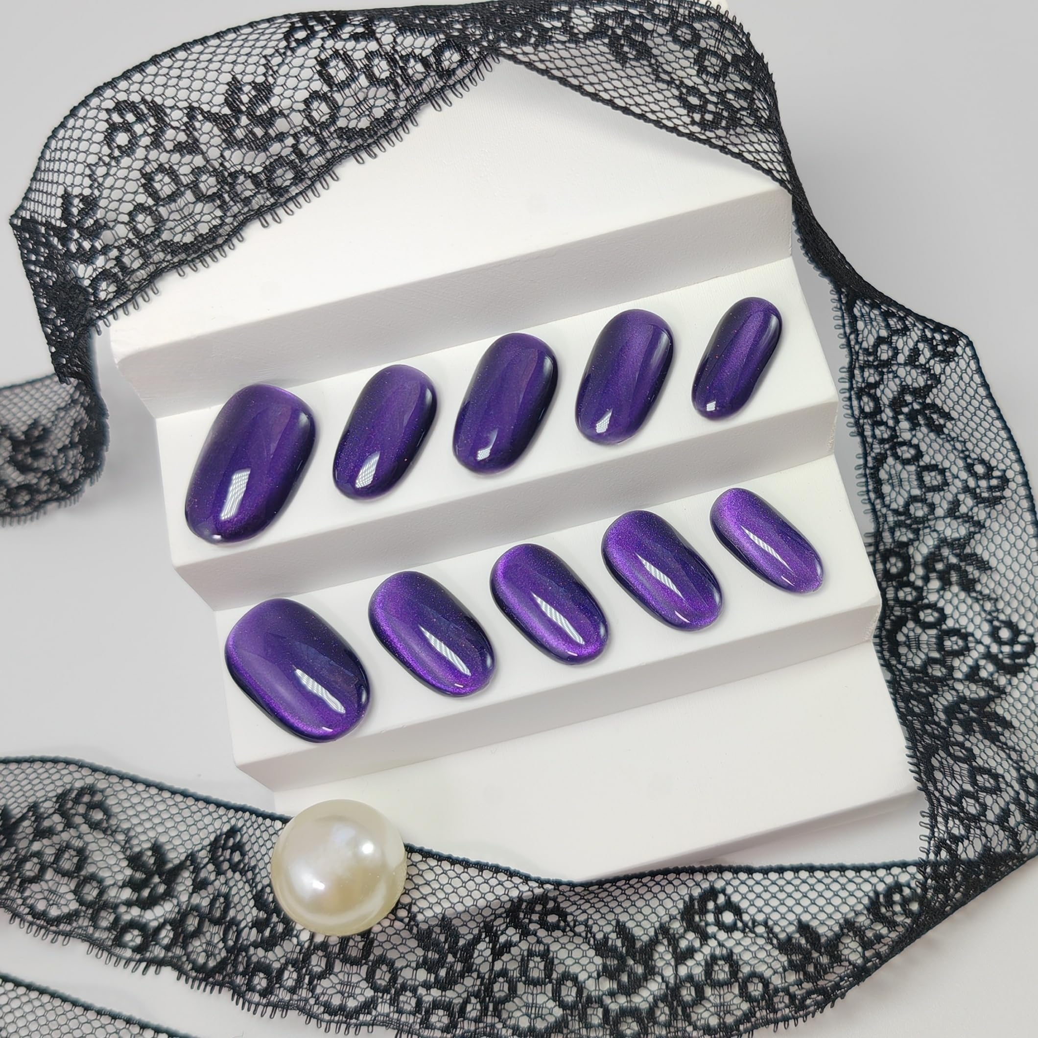 UNIYVOH Cat Eye Press-On Nails – Handmade Short Oval/Square/Round with French Tip & Magnetic Shimmer (Side: Mysterious Purple, Large)