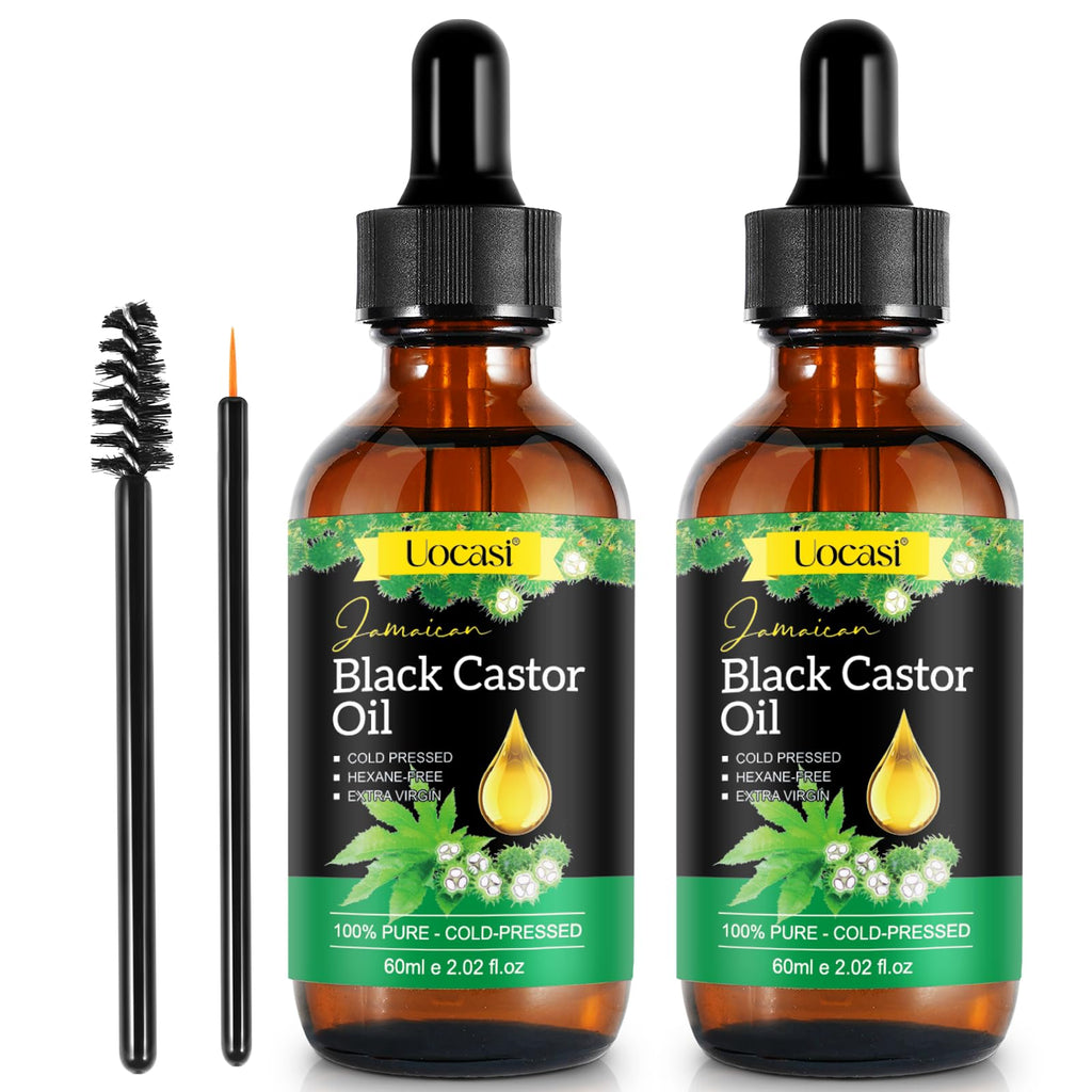 Uocasi Jamaican Black Castor Oil - 2-Pack, 100% Pure & Organic, Cold-Pressed in Glass Bottles (4.04 oz) for Hair Growth, Eyebrow Nourishment, and Skin Hydration