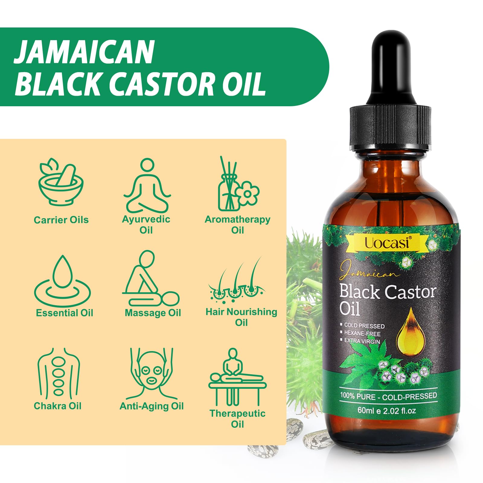 Uocasi Jamaican Black Castor Oil - 2-Pack, 100% Pure & Organic, Cold-Pressed in Glass Bottles (4.04 oz) for Hair Growth, Eyebrow Nourishment, and Skin Hydration